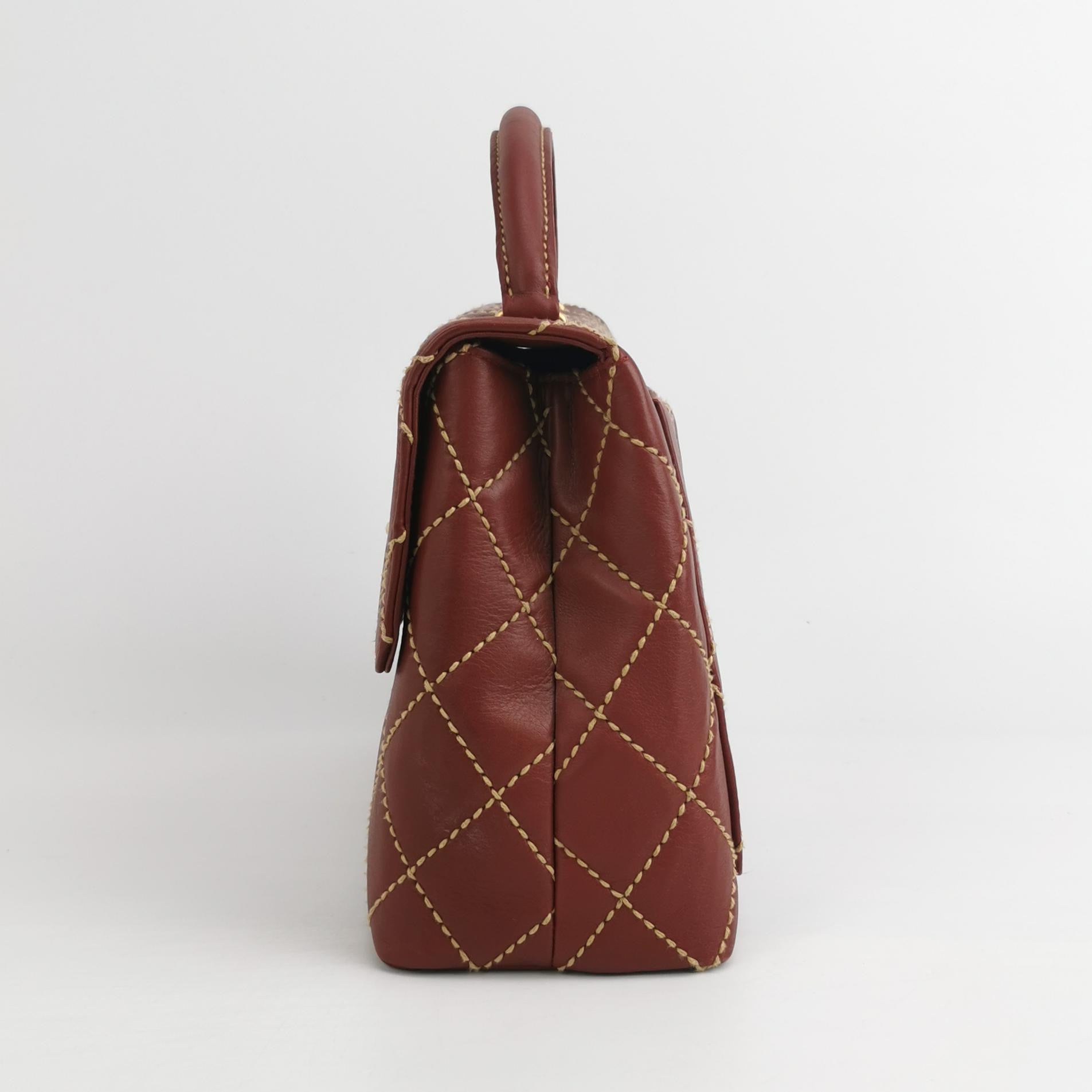Chanel Vintage Top Handle Kelly Wild Stitch Burgundy Calfskin Leather Gold Hardware 2004-2005