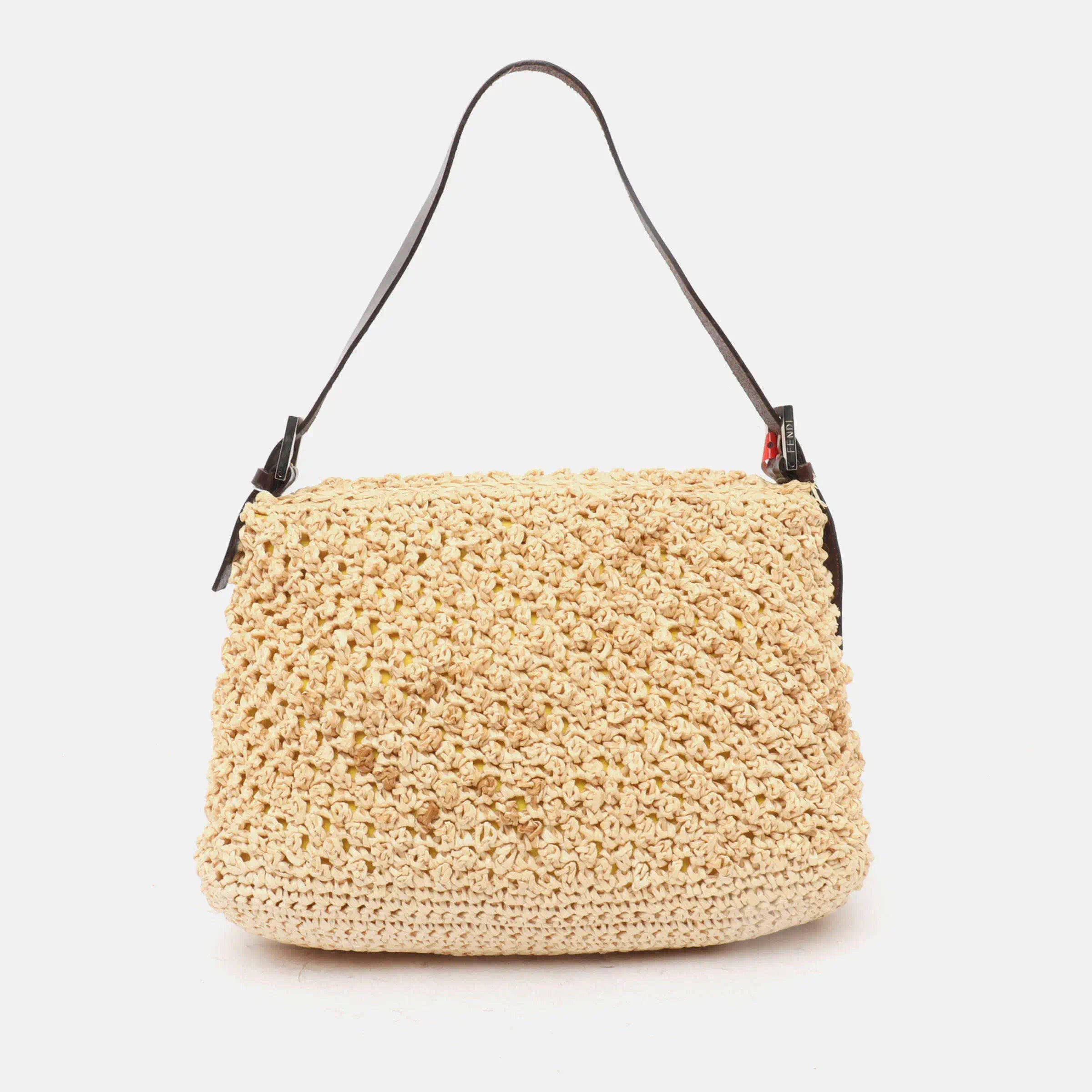 Fendi Mamma Baguette Raffia Crochet Shoulder Bag with Flower