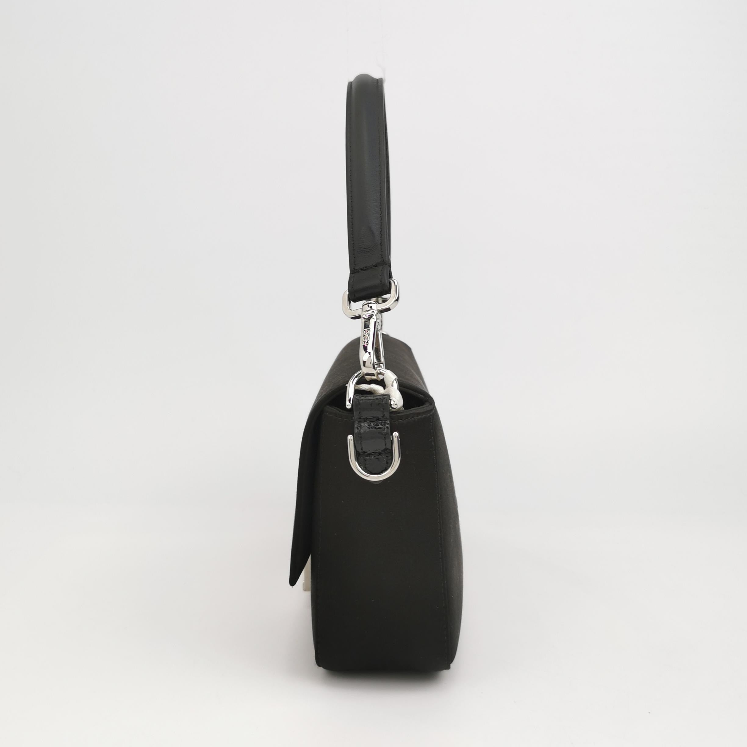 Fendi Baguette Black Silk Crystal Buckle Crossbody Bag