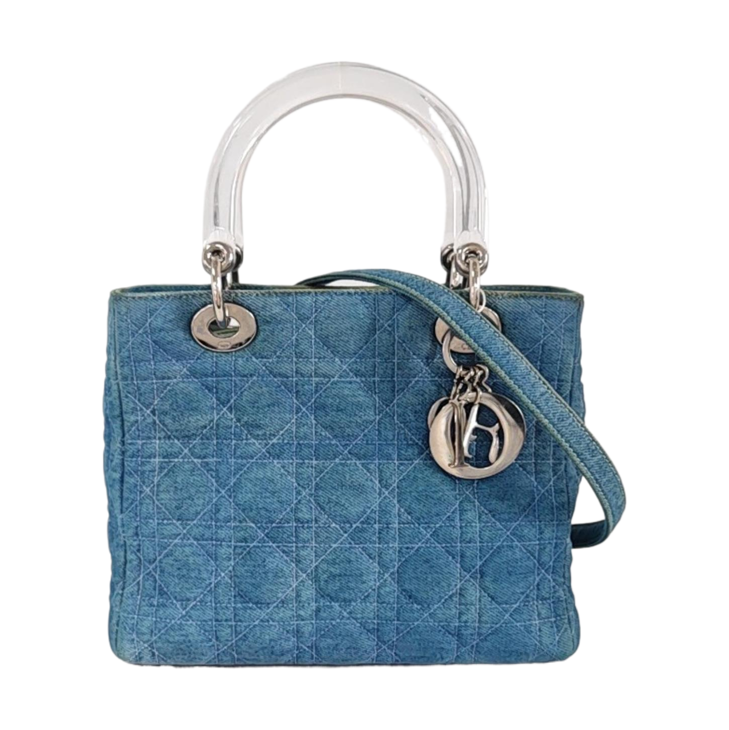 Lady Dior Vintage Medium Blue Jeans PVC Handles Silver Hardware With Strap