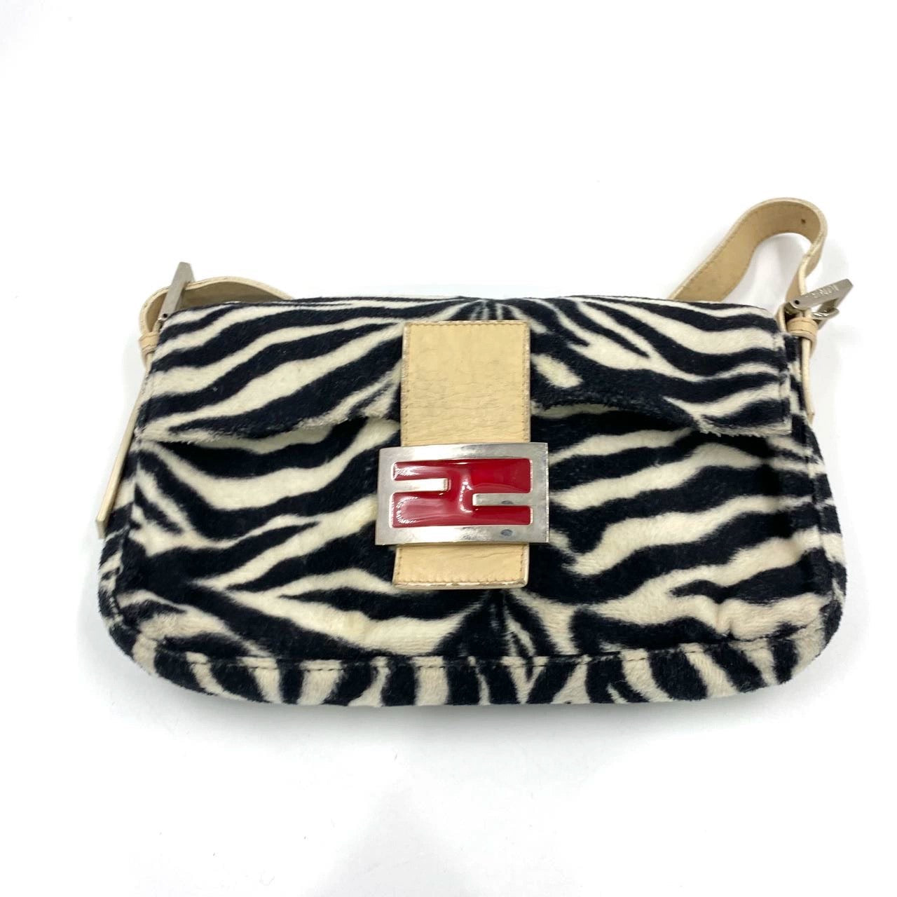 Fendi Baguette Black and White Zebra Print Fleece Red Buckle