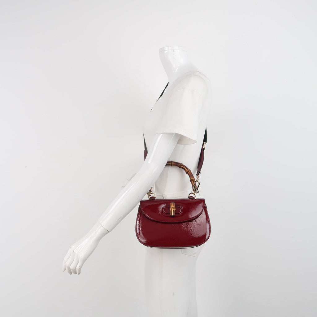 Gucci Bamboo 1947 Small Ancora Red Burgundy Patent Leather Top Handle Bag