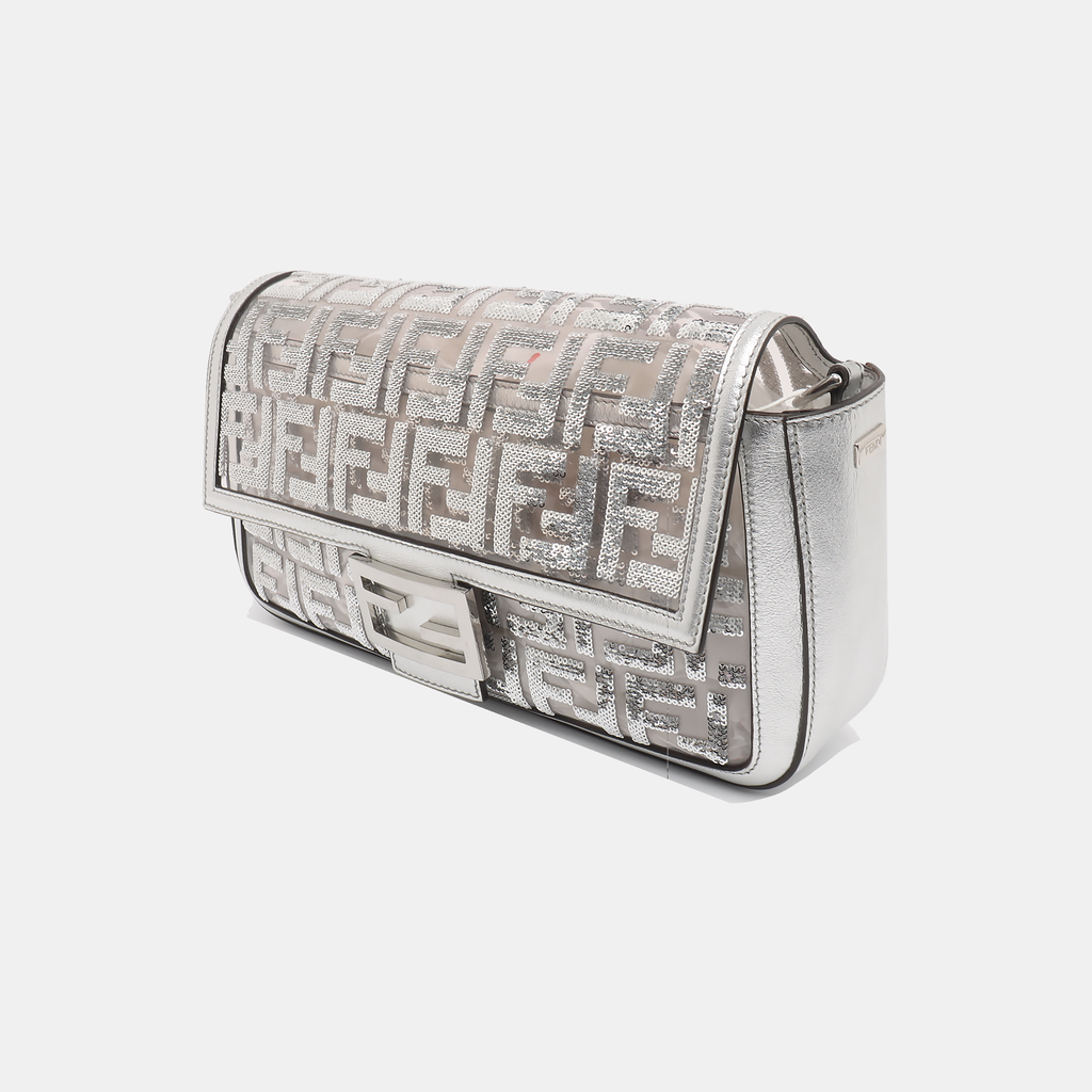 Fendi Baguette Medium Fendi x Nicki Minaj Silver PVC and Leather with Glitter Sequins Crossbody Bag