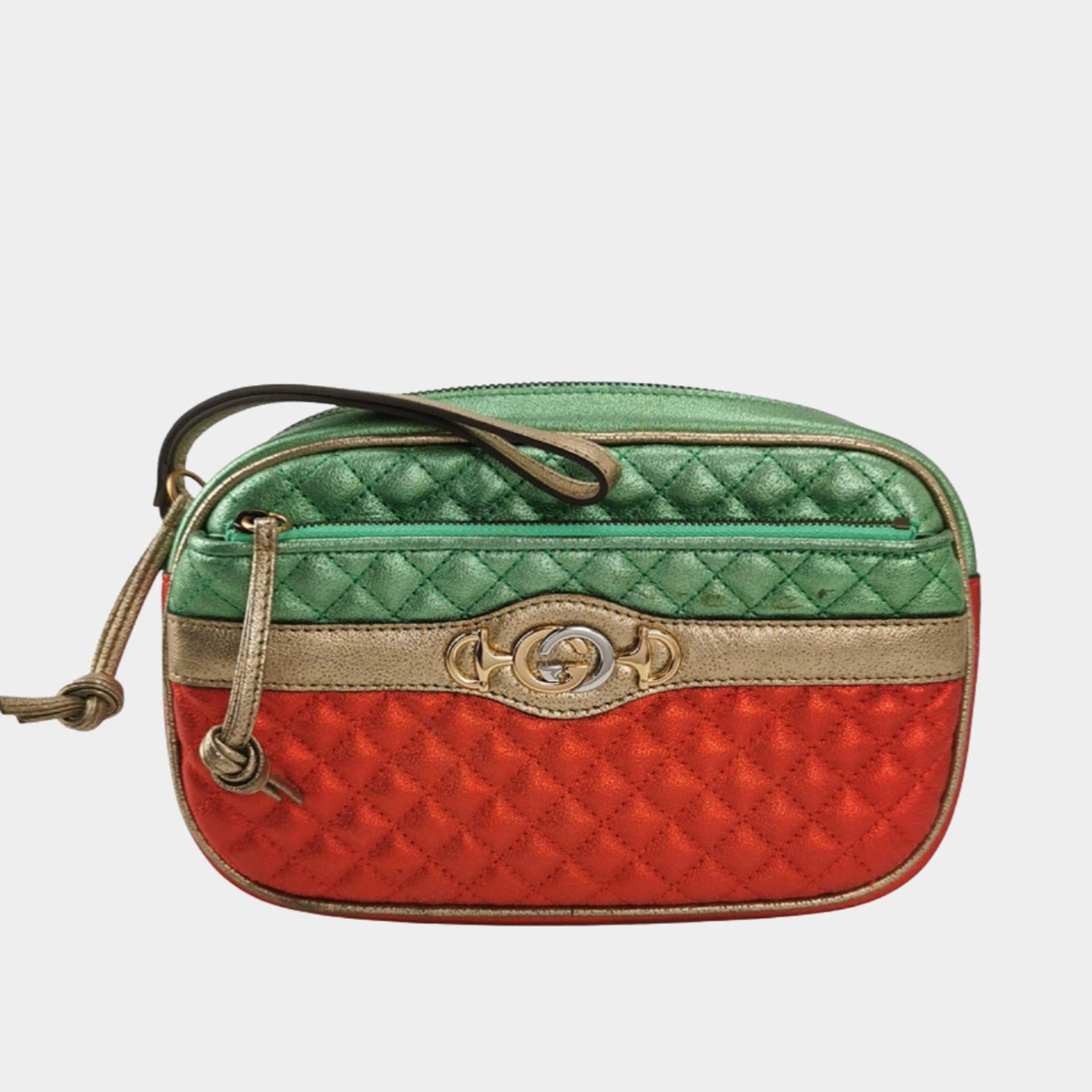 Gucci Red Green Mini Metallic Laminated Trapuntata Leather Horsebit Clutch Pouch