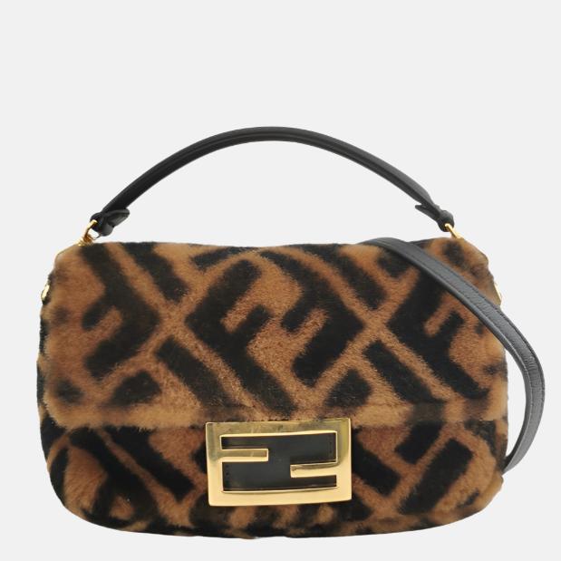 Fendi Baguette Mini Shearling Vitello Dolce Marco FF 1974 Tobacco Black Brown Zucca