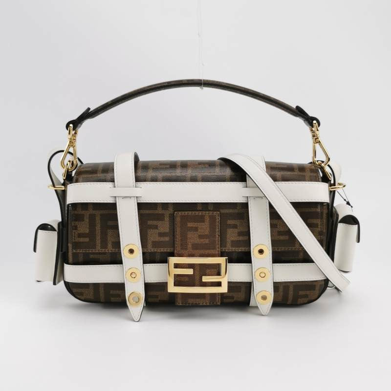 Fendi Baguette Glazed Fabric Vitello Century FF 1974 Large Baguette Cage Mogano Panna White Ice