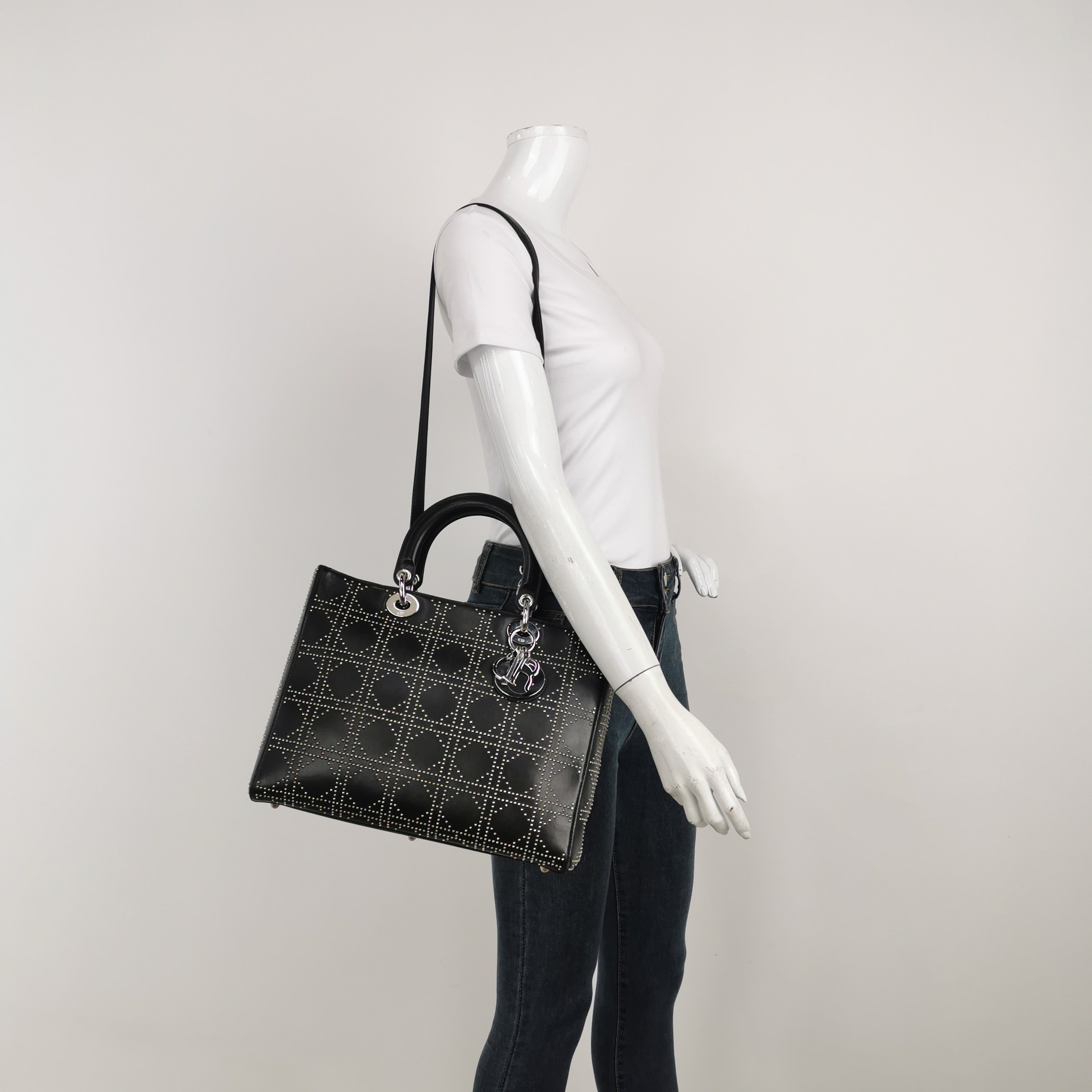 Lady Dior Large Black Lambskin Diamond Silver Studs Silver Hardware