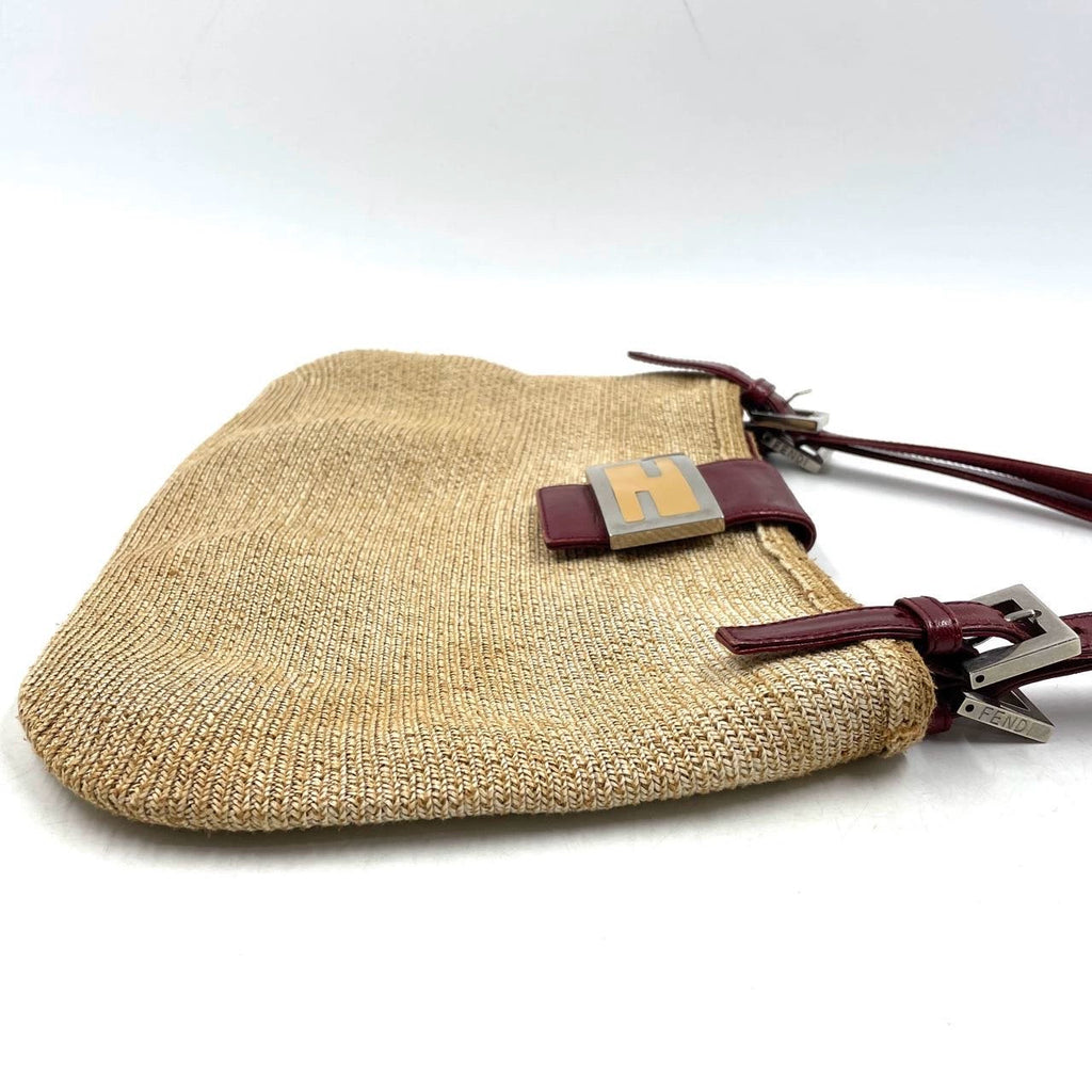 Fendi Mamma Baguette Raffia Straw Shoulder Bag Red Leather Strap