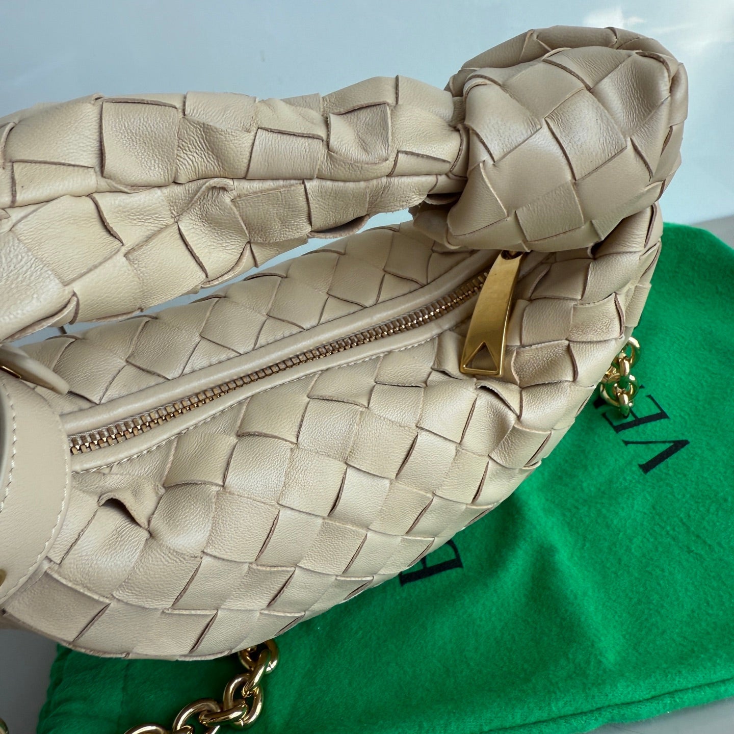 Bottega Veneta Jodie Mini Oats Beige Lambskin Leather Clutch Bag with Chain