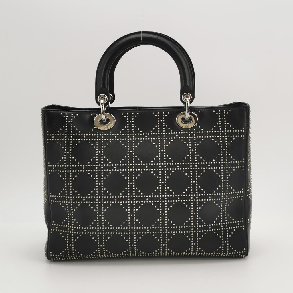 Lady Dior Large Black Lambskin Diamond Silver Studs Silver Hardware