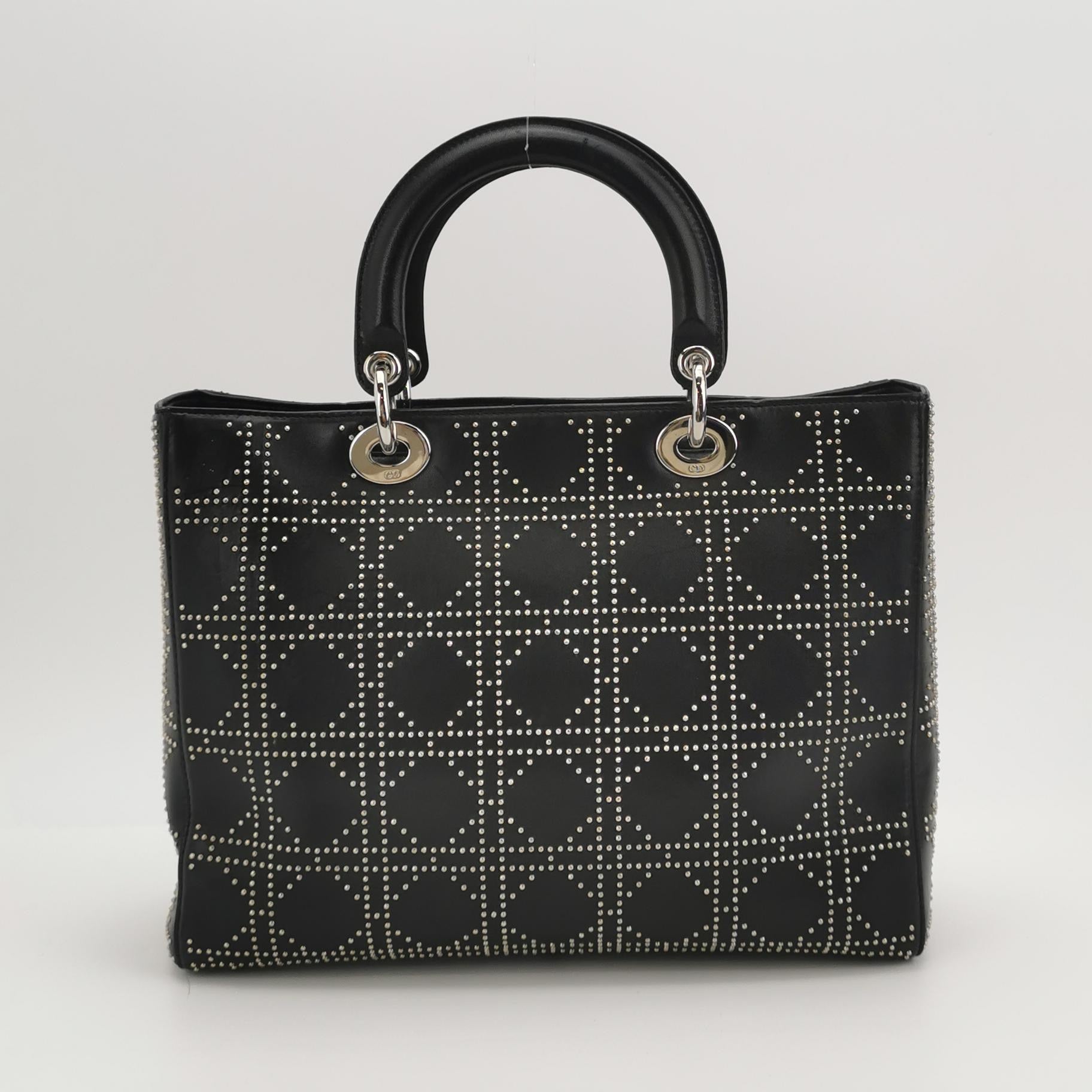 Lady Dior Large Black Lambskin Diamond Silver Studs Silver Hardware