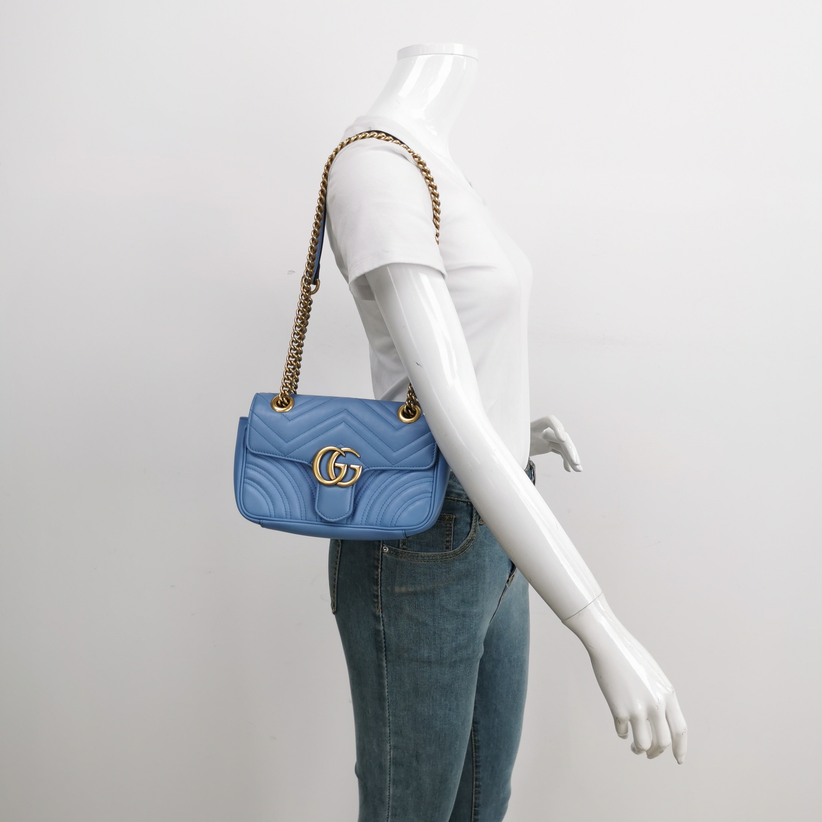 Gucci Marmont Mini Flap Baby Blue Calfskin Leather Handbag Gold Hardware