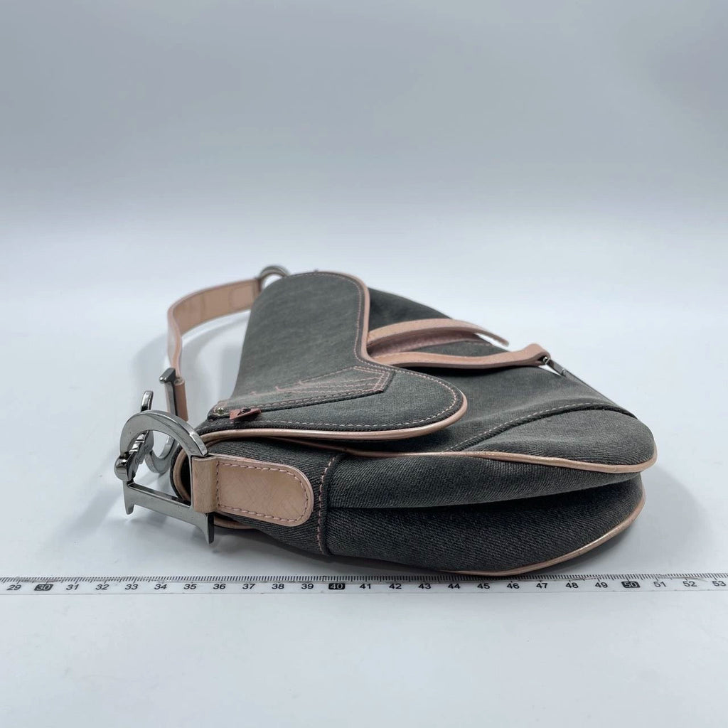 Dior Saddle Grey Denim with Pocket and Pink Leather Trim Shoulder Bag