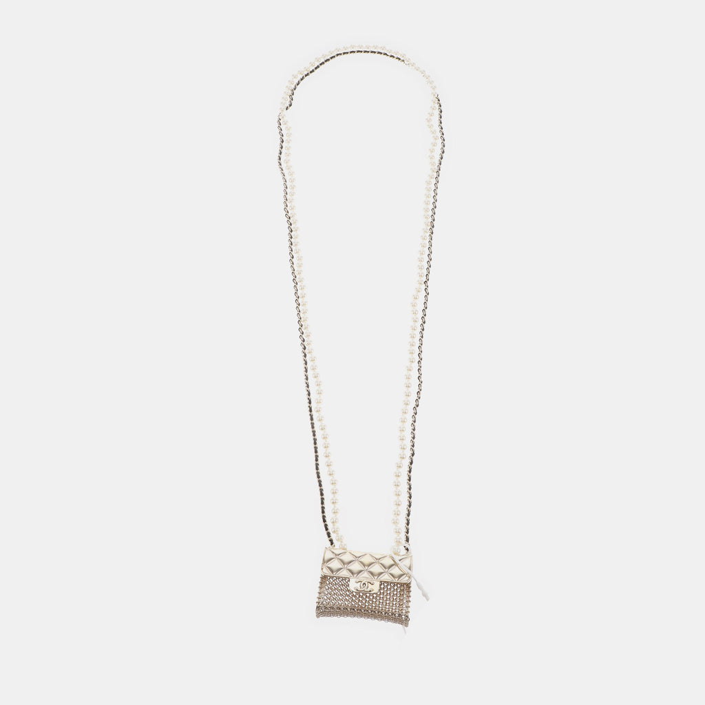 Chanel Micro Flap Bag Charm Chain Long Necklace with Matelasse and Pearl Chain 102cm