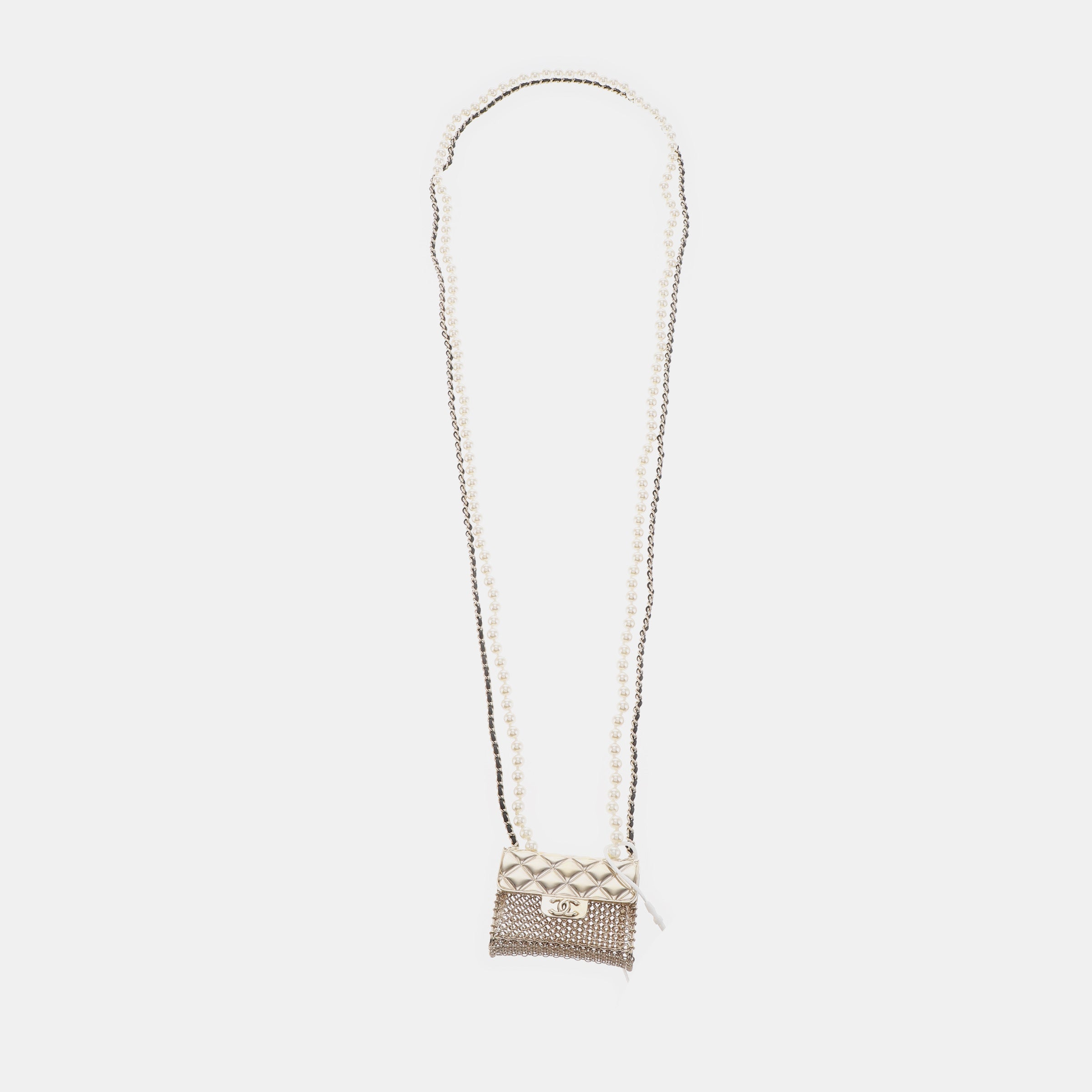 Chanel Micro Flap Bag Charm Chain Long Necklace with Matelasse and Pearl Chain 102cm