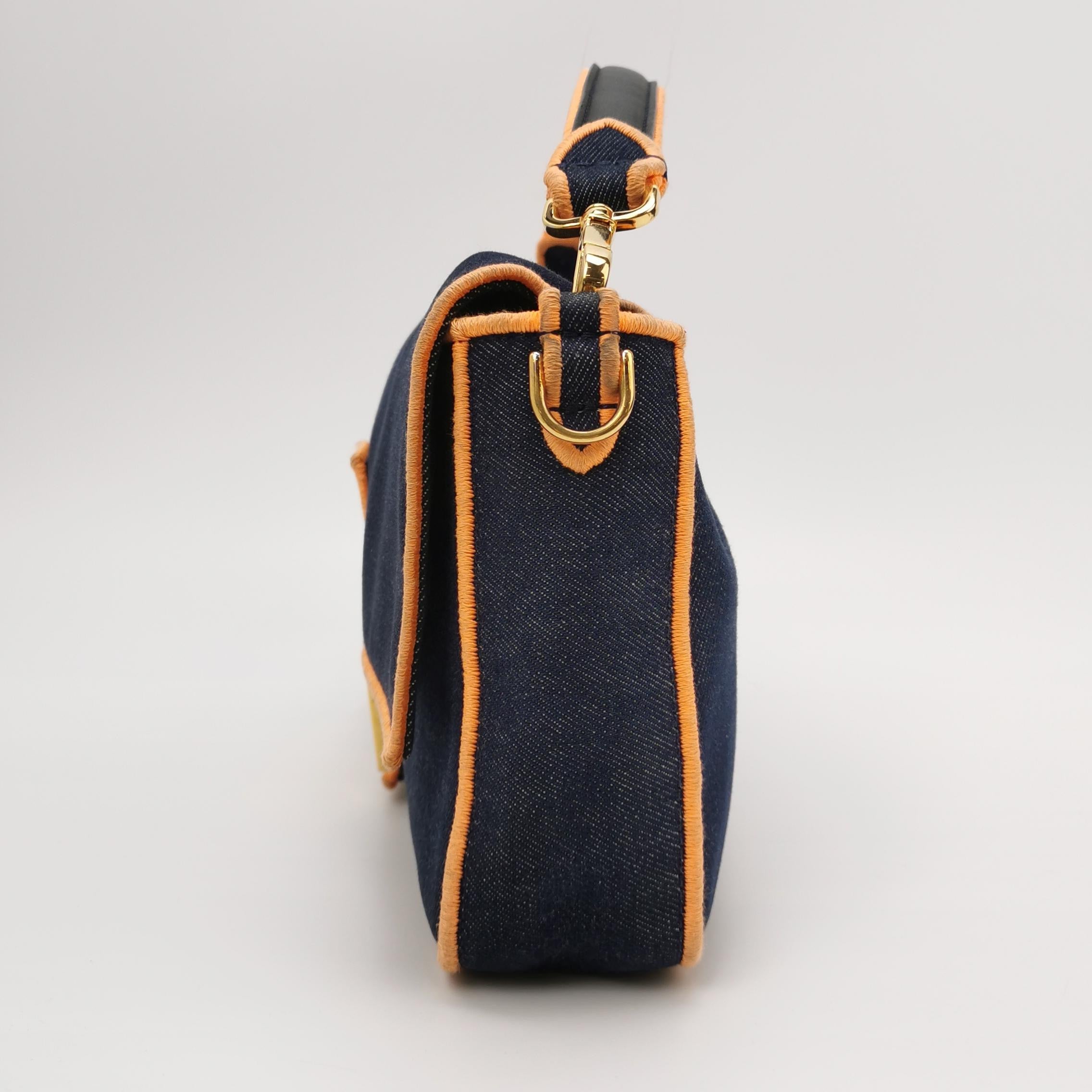 FENDI Baguette Large Denim with Orange Neon Trimming Crossbody Bag