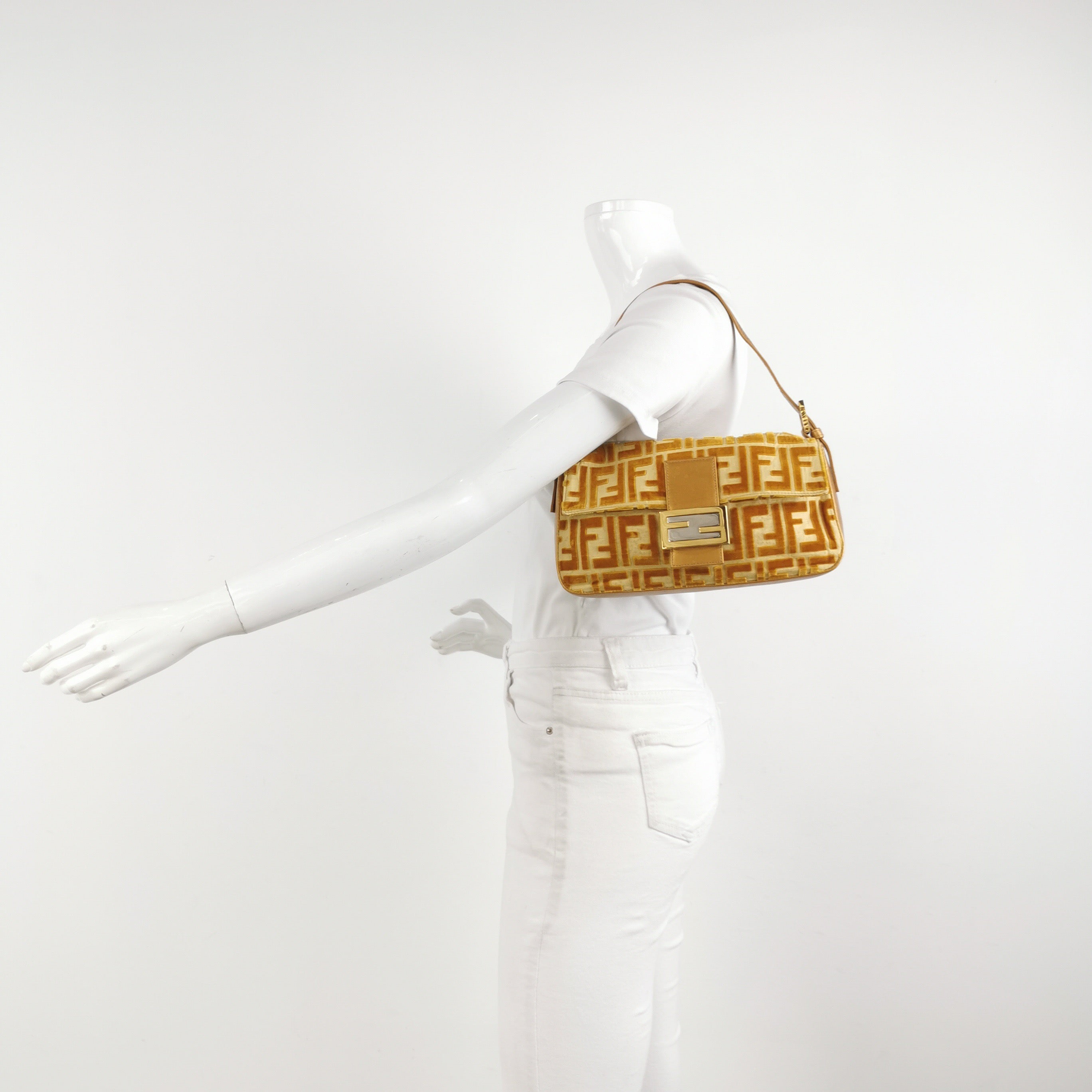 FENDI Baguette Gold FF Monogram Velvet Shoulder Bag