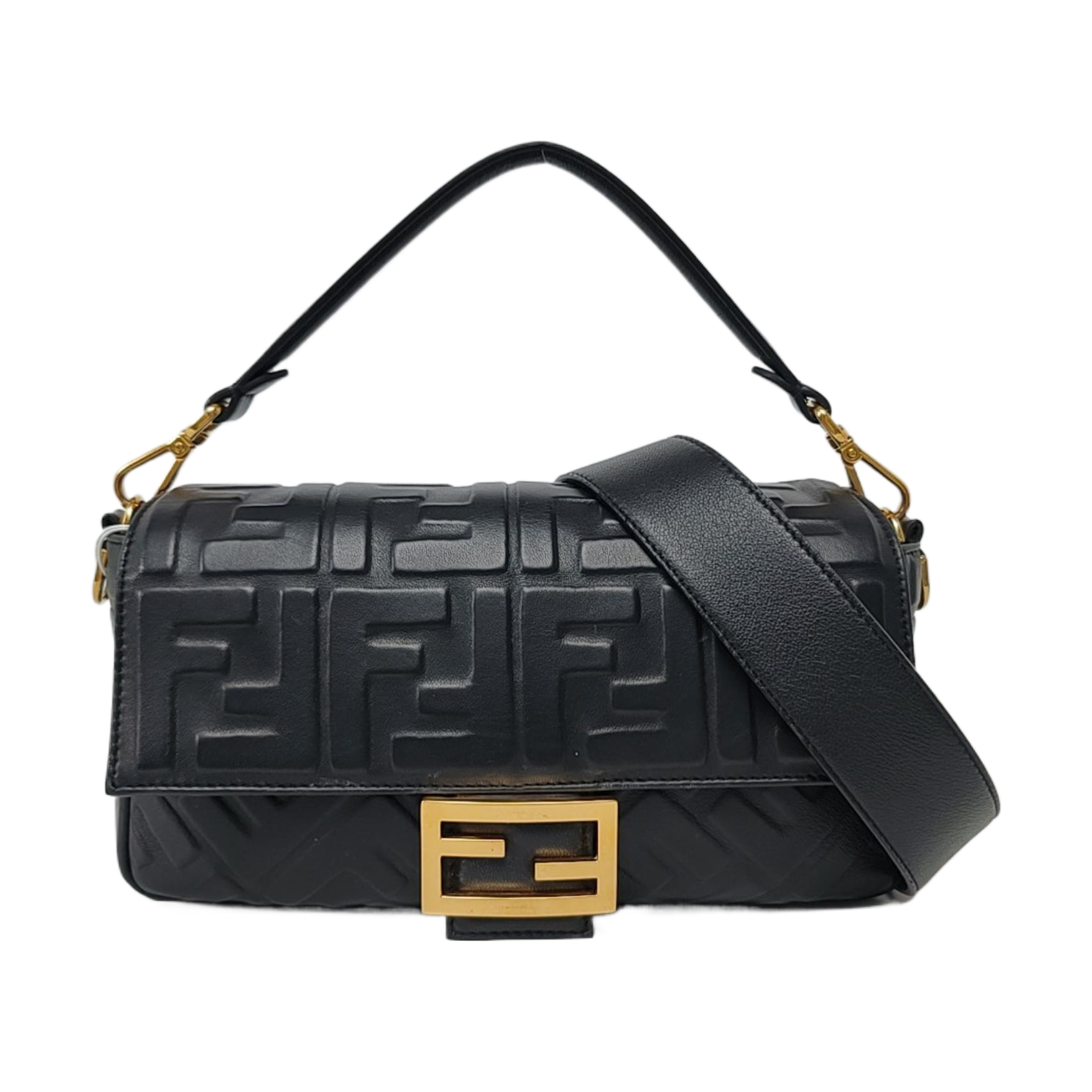 Fendi Baguette Black Lambskin Leather 3D FF Embossed Crossbody Bag Medium