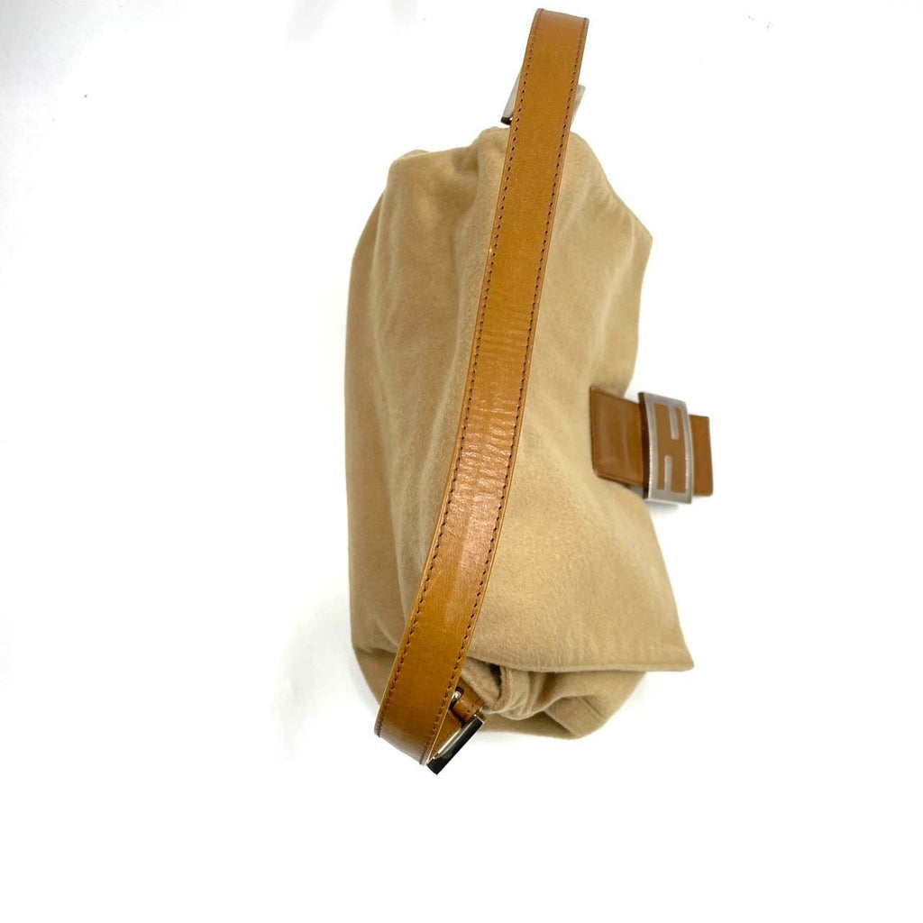 Fendi Mamma Baguette Beige Felt Fabric Silver Hardware Shoulder Bag