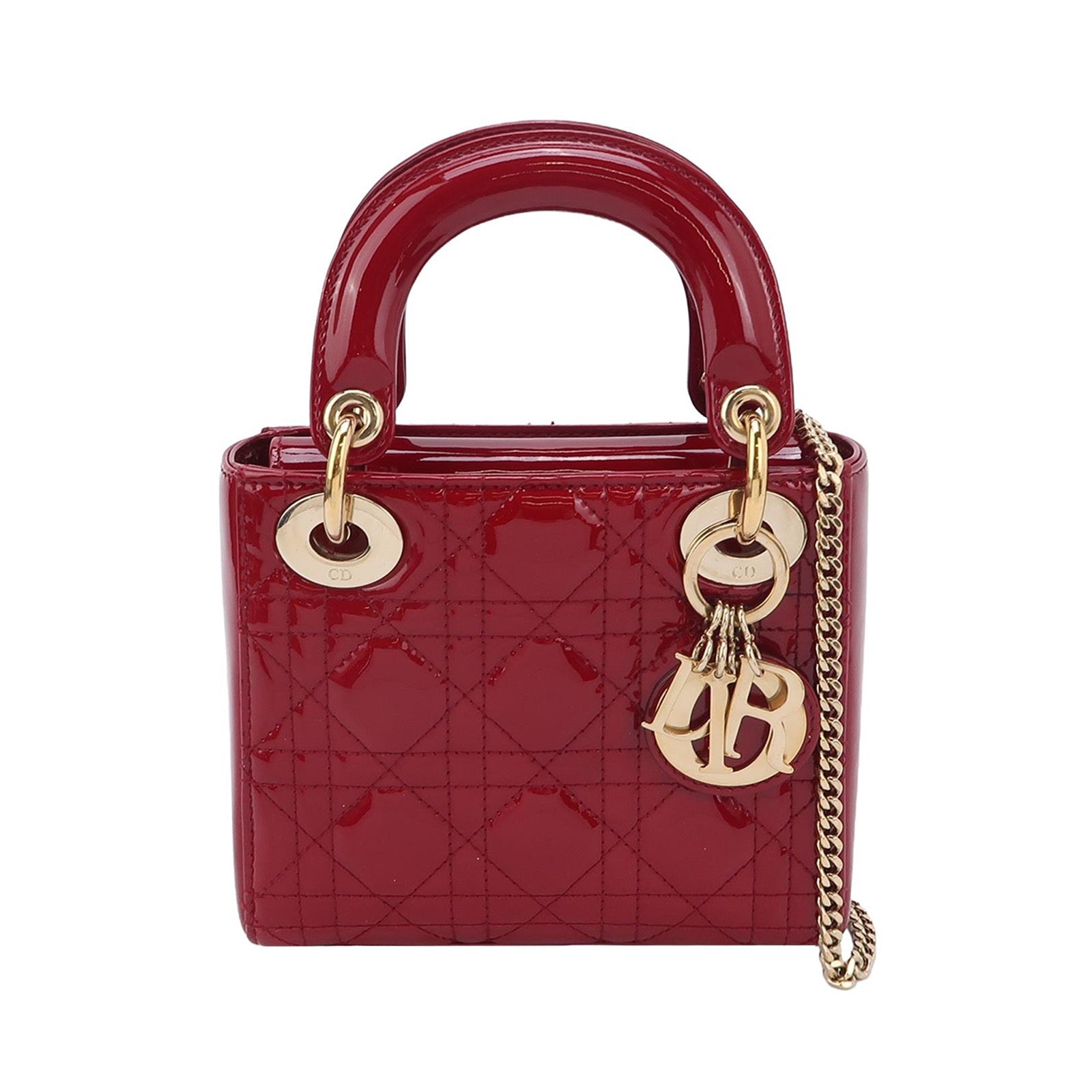Lady Dior Mini Handbag Burgundy Red Patent Leather Gold-tone Chain Strap