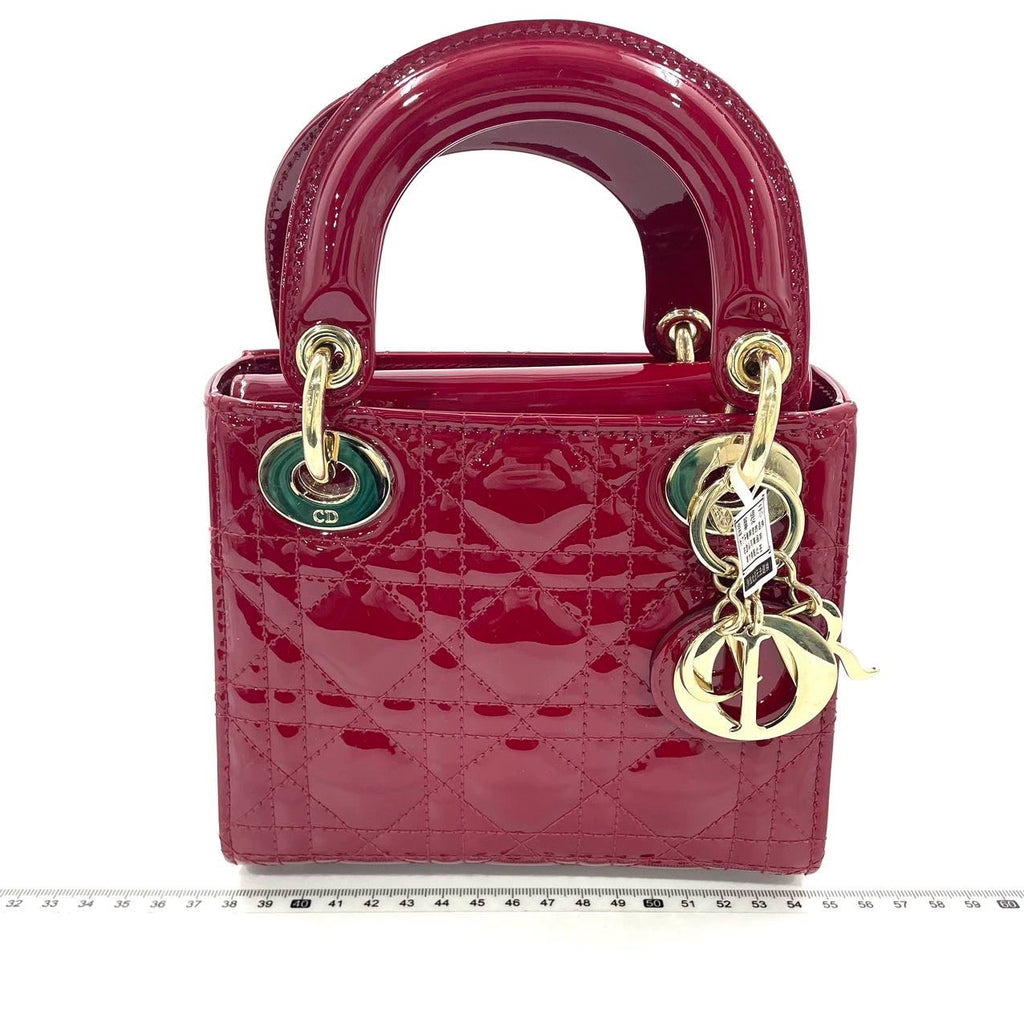 Lady Dior Mini Handbag Burgundy Red Patent Leather Gold-tone Chain Strap