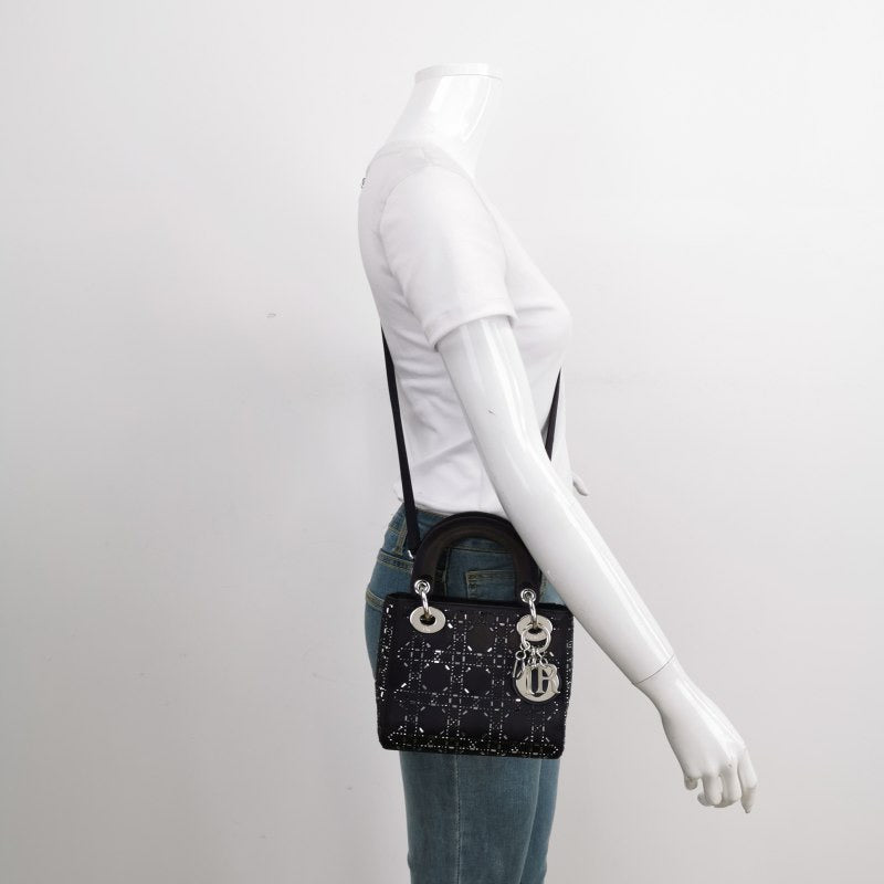 Lady Dior Mini Black Silk with Crystals Silver Hardware
