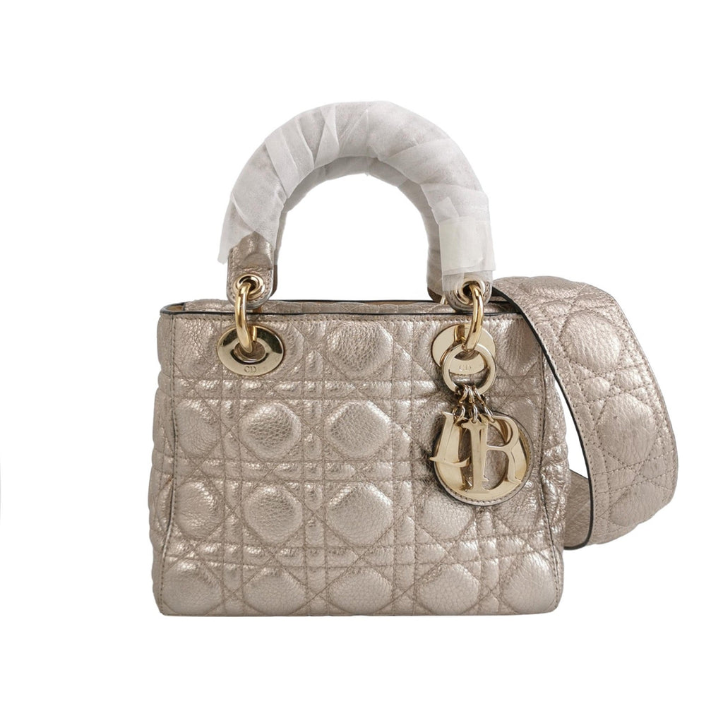 Lady Dior Small Supple Calfskin Leather Gold Cannage Handbag with Strap
