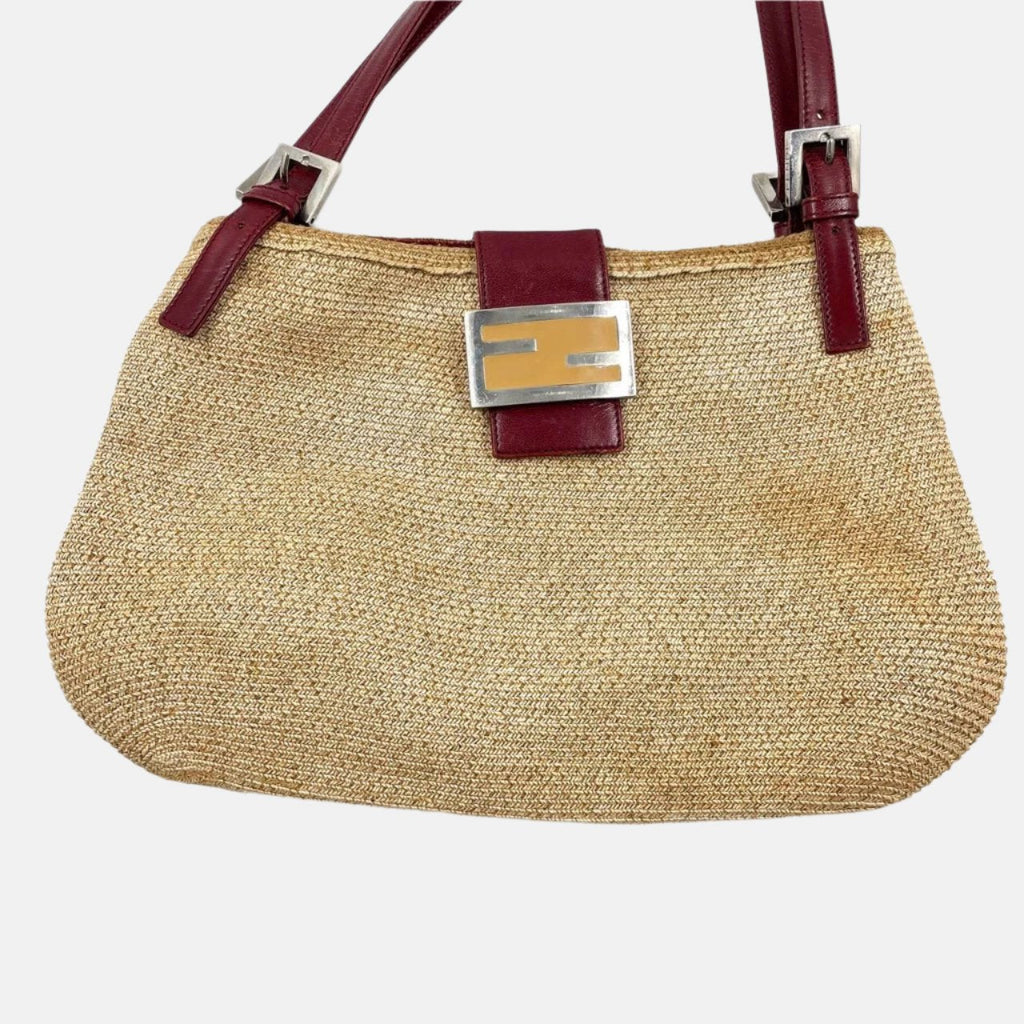 Fendi Mamma Baguette Raffia Straw Shoulder Bag Red Leather Strap