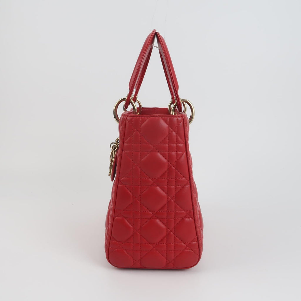 Lady Dior Medium Red Lambskin Leather Gold Hardware Leather Strap 2014