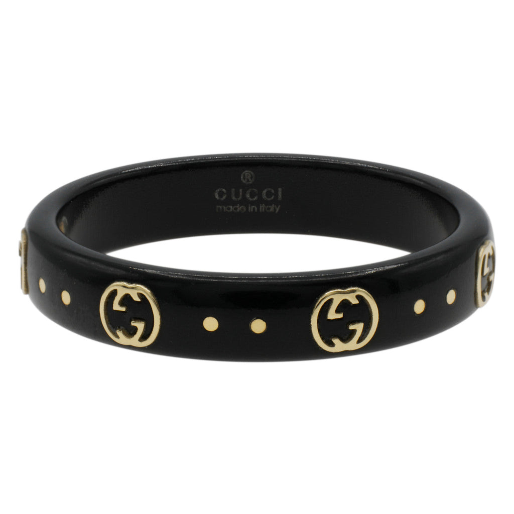 Gucci 18K Yellow Gold Black Synthetic Corundum Interlocking G Icon Ring