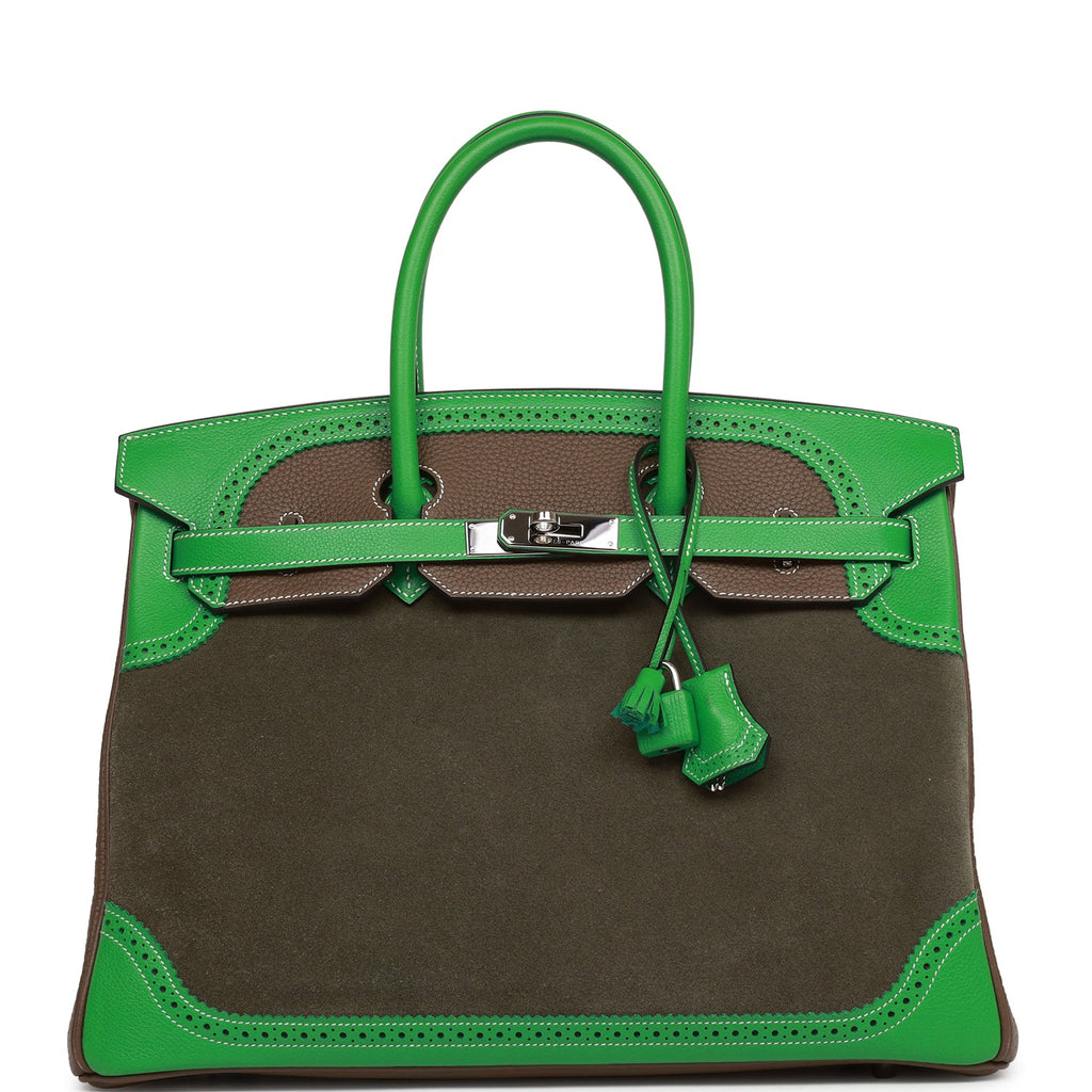 Hermes Grizzly Ghillies Birkin 35 Vert de Gris, Bambou and Taupe Doblis Palladium Hardware