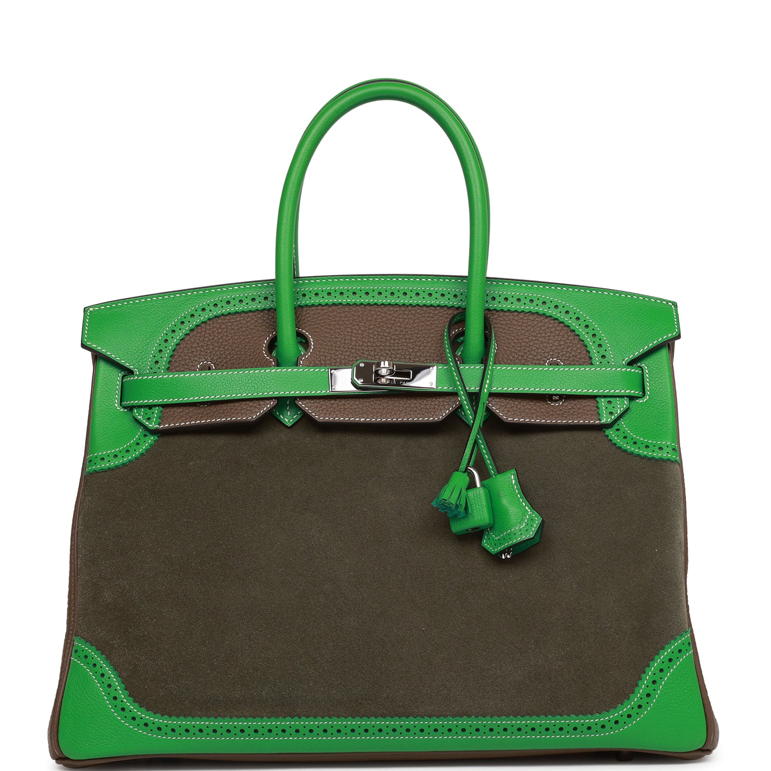 Hermes Grizzly Ghillies Birkin 35 Vert de Gris, Bambou and Taupe Doblis Palladium Hardware