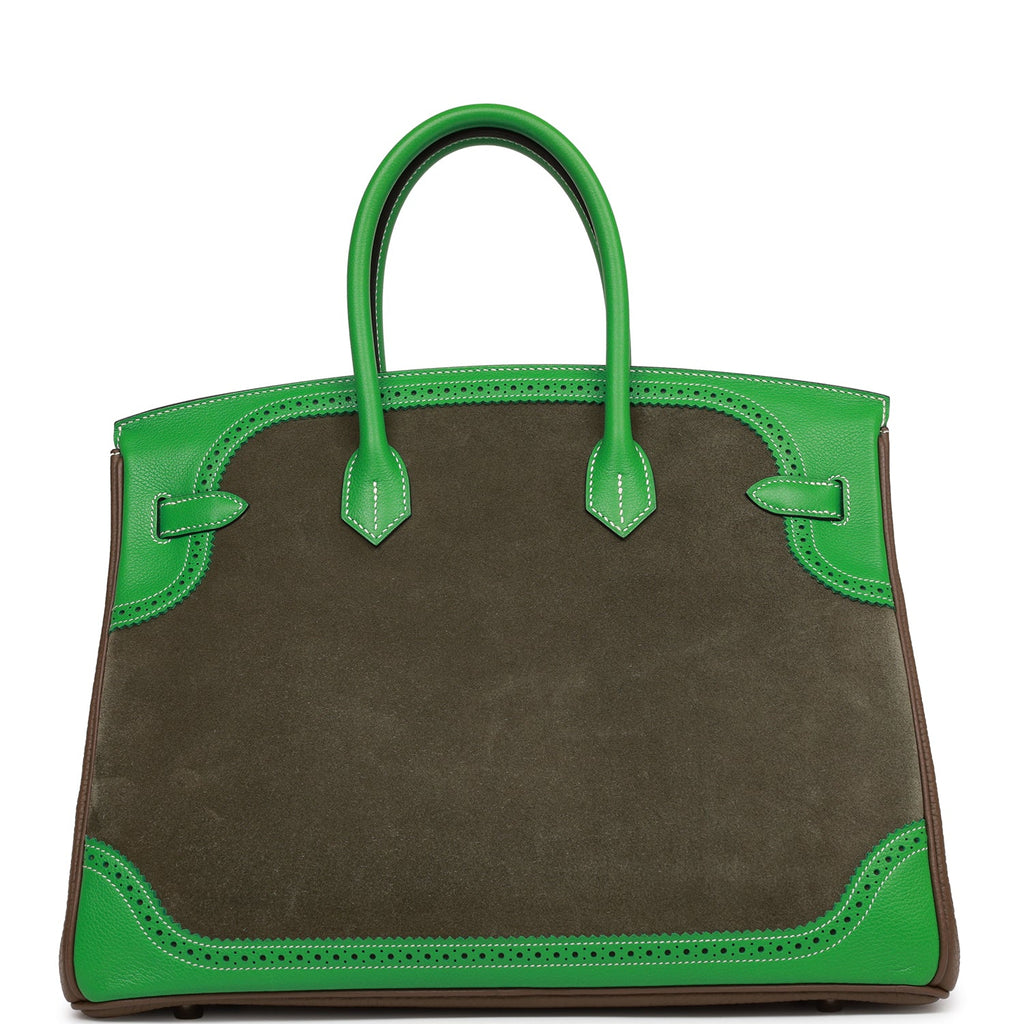 Hermes Grizzly Ghillies Birkin 35 Vert de Gris, Bambou and Taupe Doblis Palladium Hardware