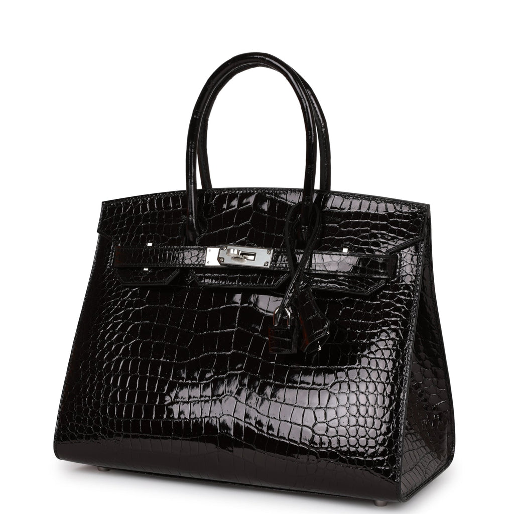 Hermes Birkin Sellier 30 Black Shiny Porosus Crocodile Palladium Hardware