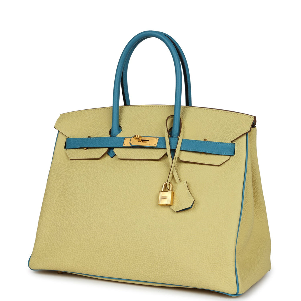 Hermes Special Order (HSS) Birkin 35 Jaune Poussin and Bleu Paradise Togo Brushed Gold Hardware