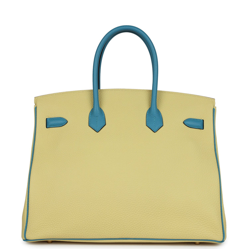 Hermes Special Order (HSS) Birkin 35 Jaune Poussin and Bleu Paradise Togo Brushed Gold Hardware