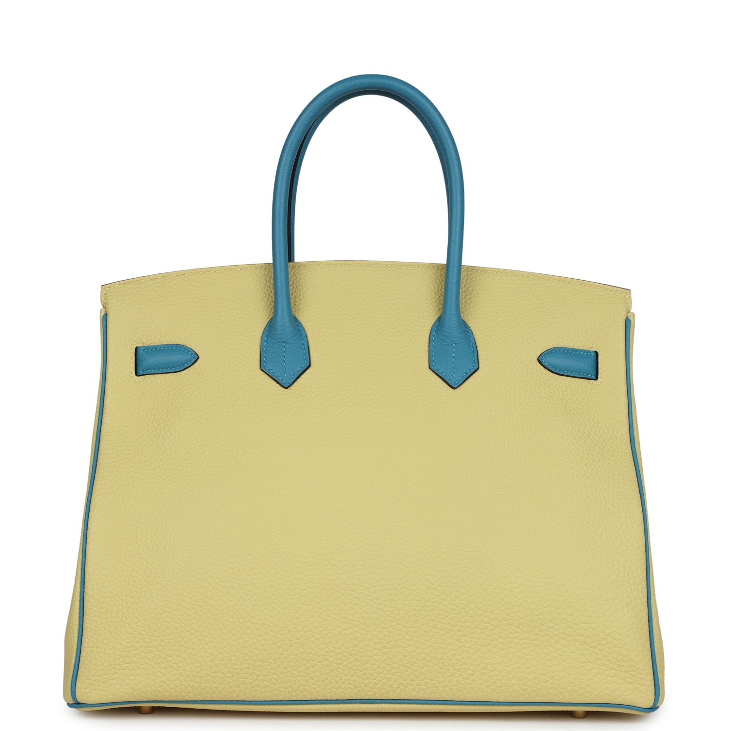 Hermes Special Order (HSS) Birkin 35 Jaune Poussin and Bleu Paradise Togo Brushed Gold Hardware
