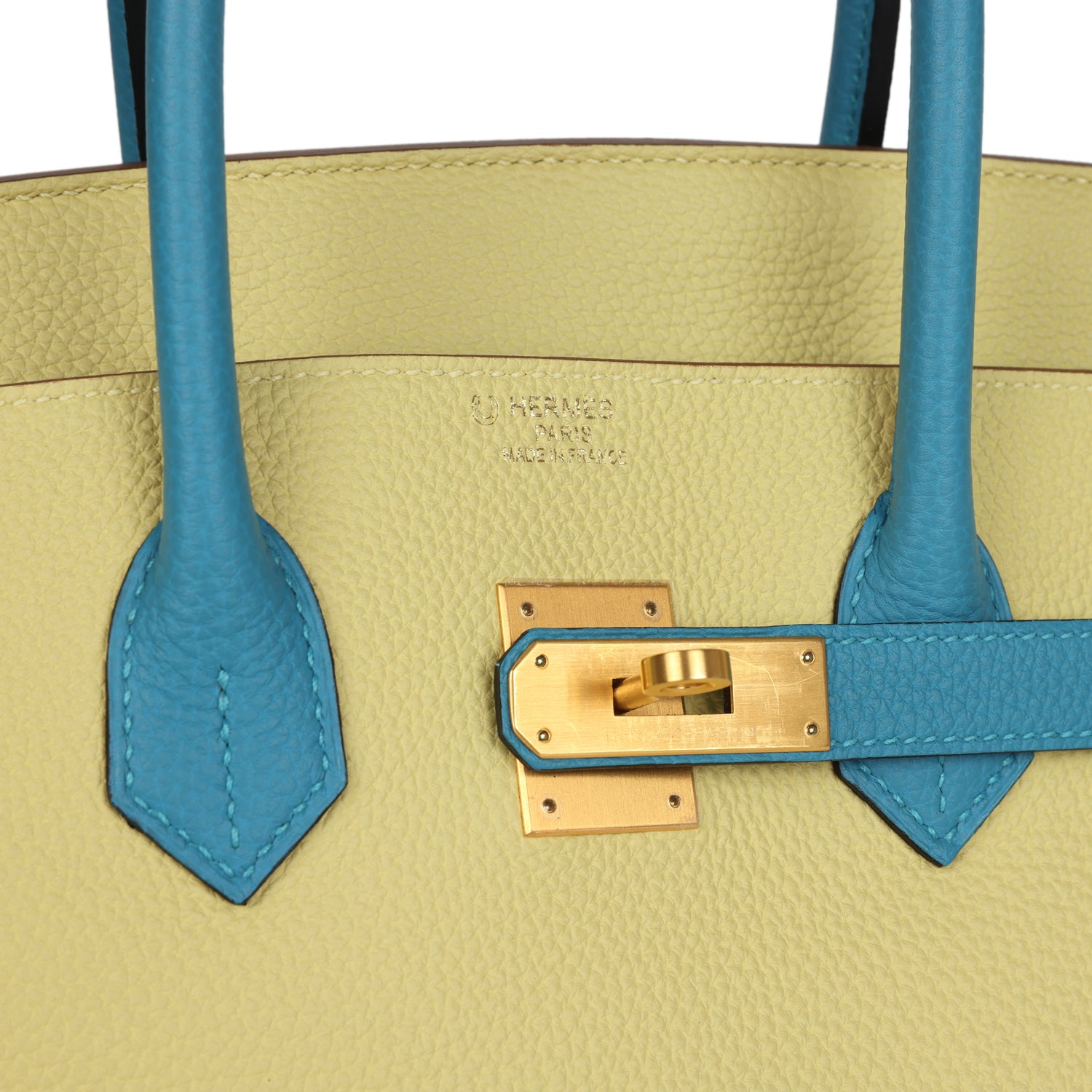 Hermes Special Order (HSS) Birkin 35 Jaune Poussin and Bleu Paradise Togo Brushed Gold Hardware
