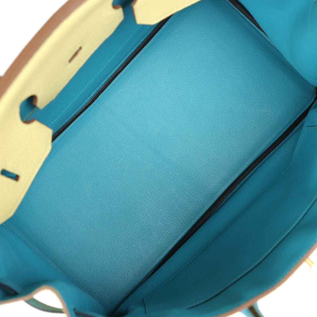 Hermes Special Order (HSS) Birkin 35 Jaune Poussin and Bleu Paradise Togo Brushed Gold Hardware