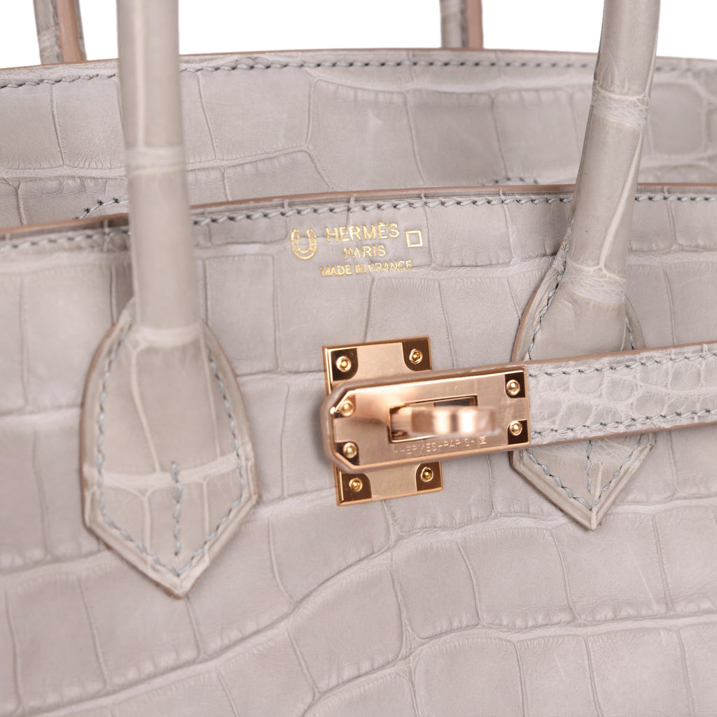 Hermes Special Order (HSS) Birkin 25 Gris Perle Verso Matte Alligator Rose Gold Hardware