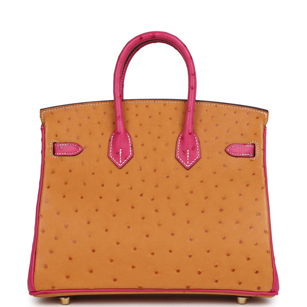 Hermes Special Order (HSS) Birkin 25 Gold and Rose Tyrien Ostrich Brushed Gold Hardware
