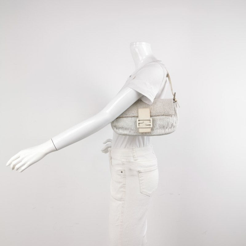 Fendi Baguette Vintage White Glitter Beads Brown Leather