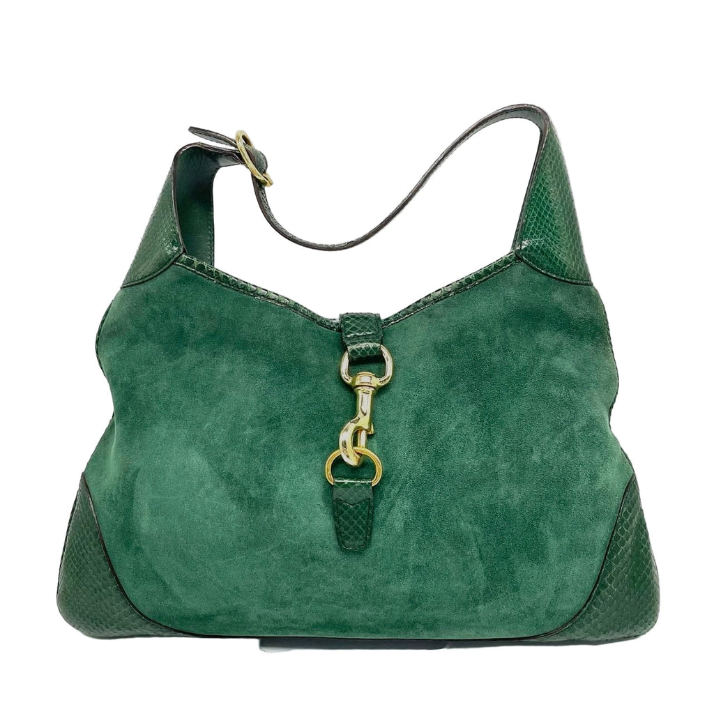 Gucci Jackie Vintage Large Green Suede and Snake-skin Leather Gold Hardware