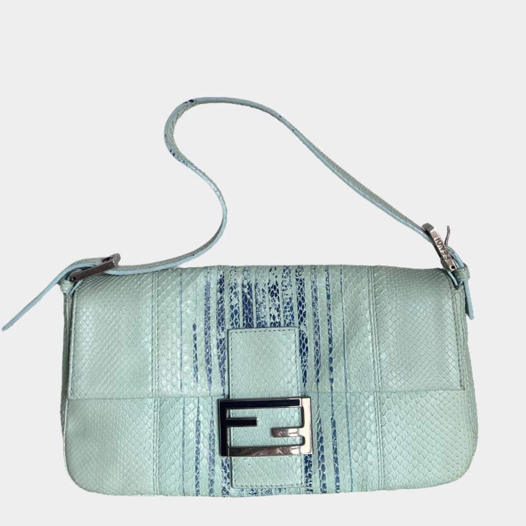 Fendi Baguette Blue Teal Python-skin Leather Shoulder Bag