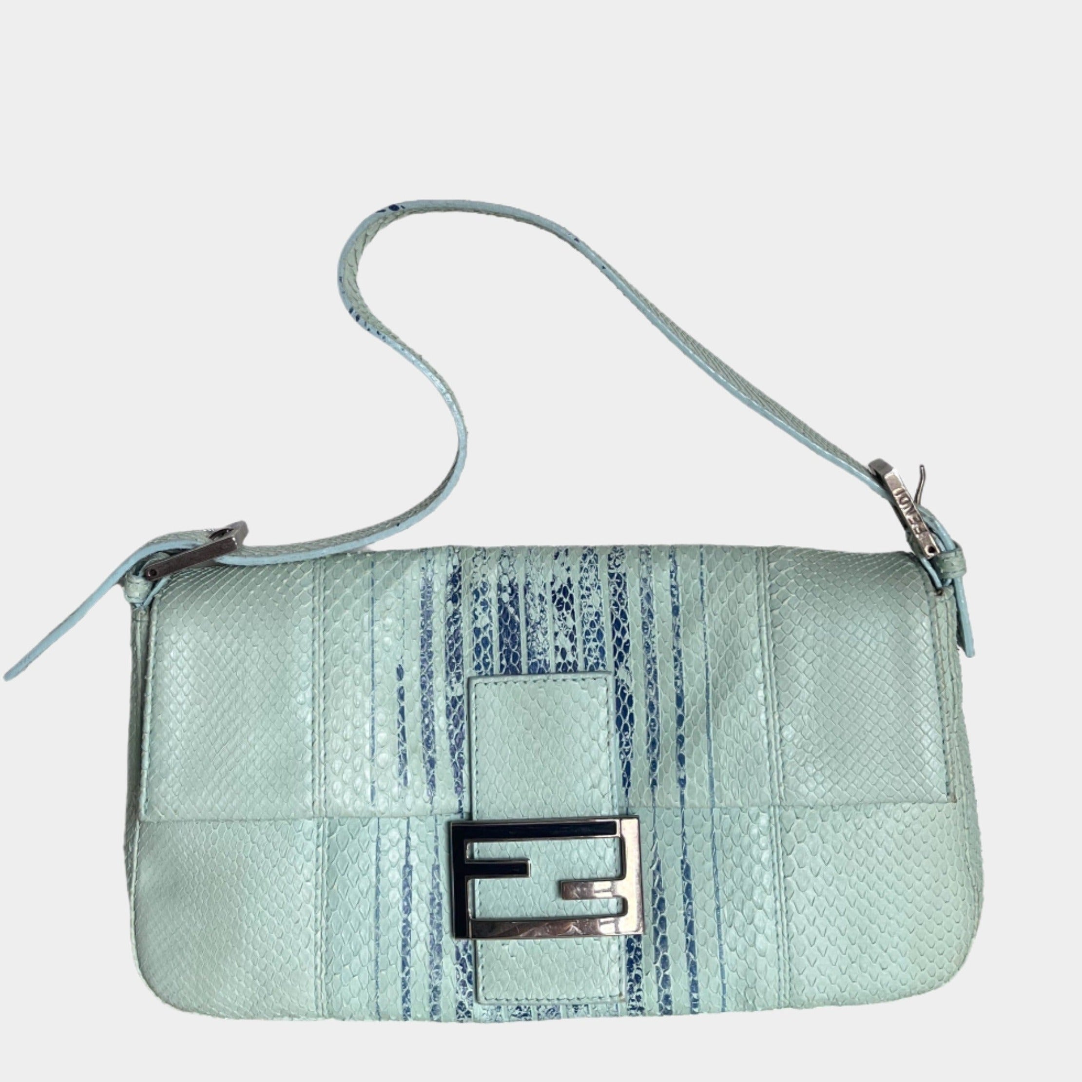 Fendi Baguette Blue Teal Python-skin Leather Shoulder Bag