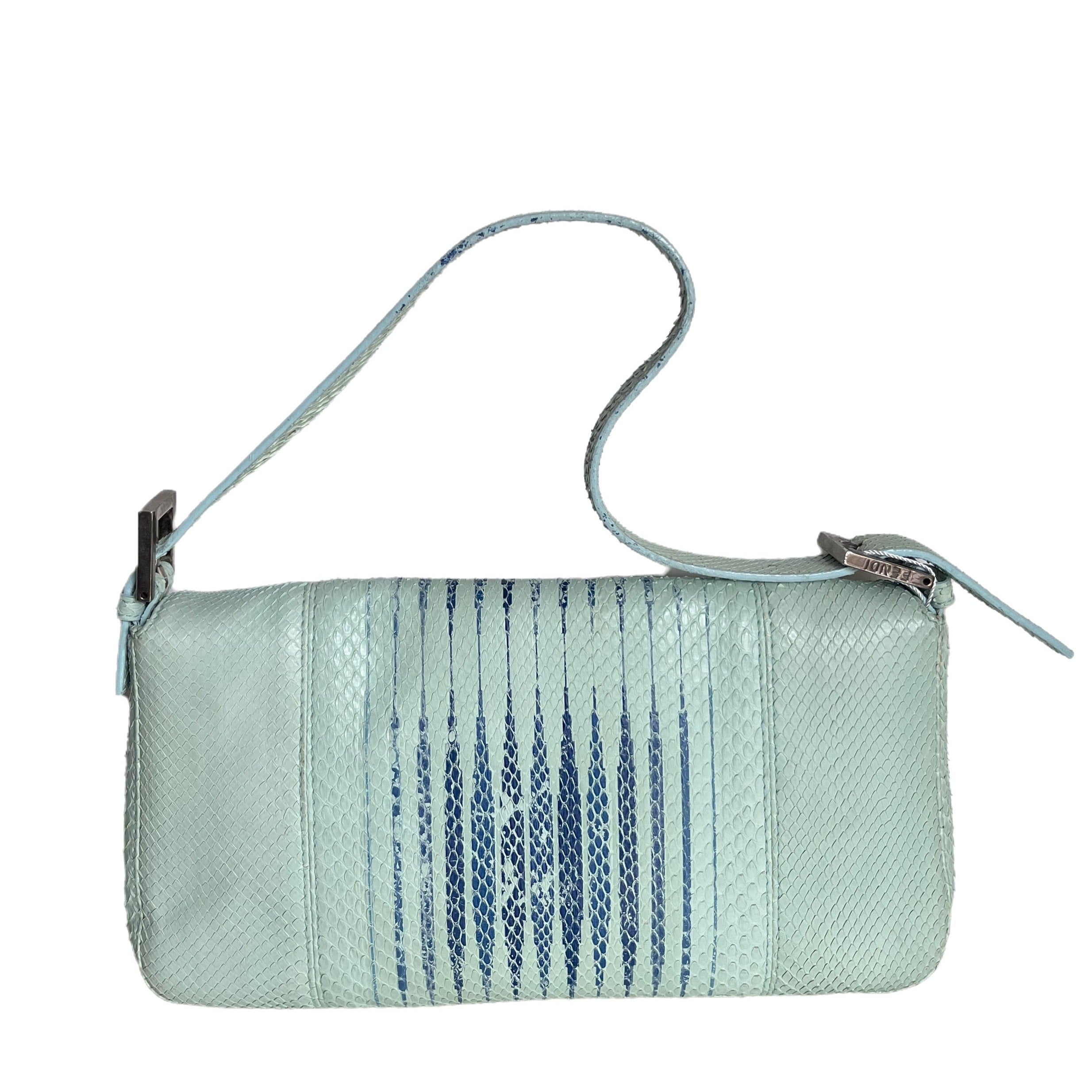 Fendi Baguette Blue Teal Python-skin Leather Shoulder Bag