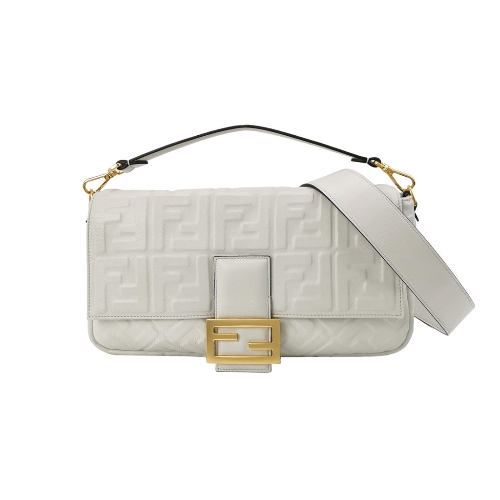 Fendi Baguette White Leather 3D FF Motif Crossbody Bag Large