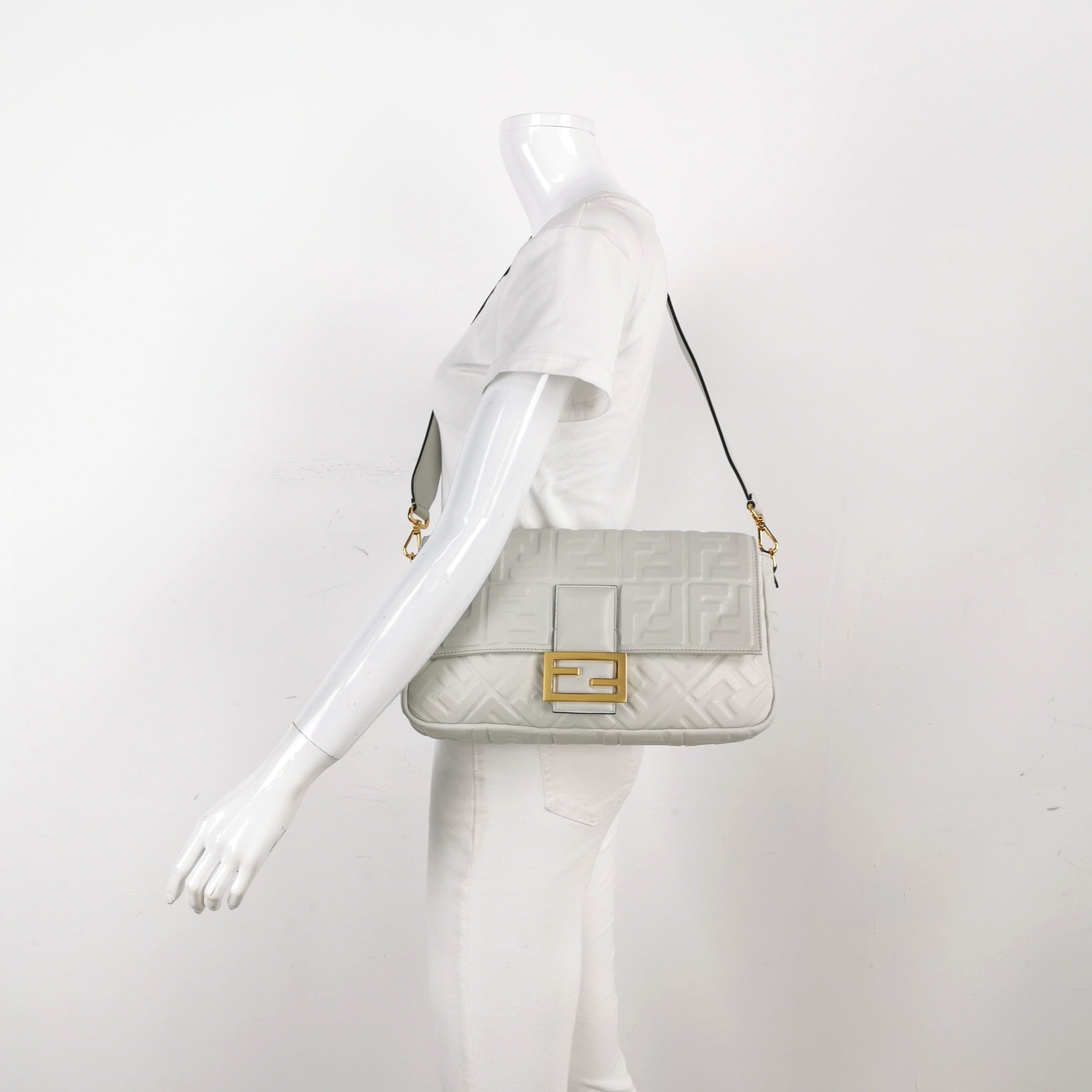 Fendi Baguette White Leather 3D FF Motif Crossbody Bag Large