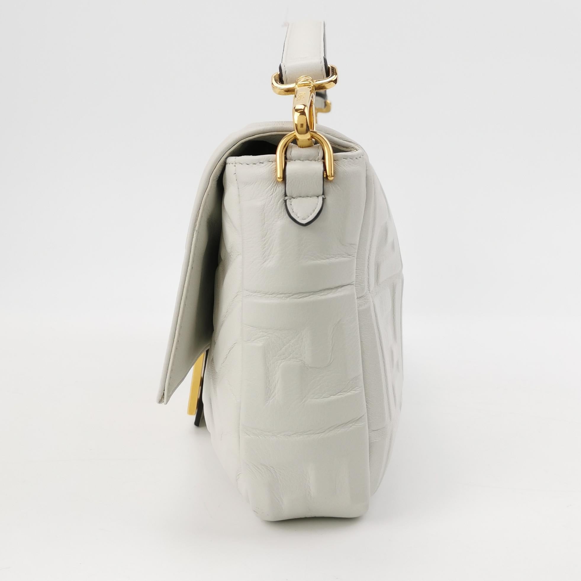 Fendi Baguette White Leather 3D FF Motif Crossbody Bag Large