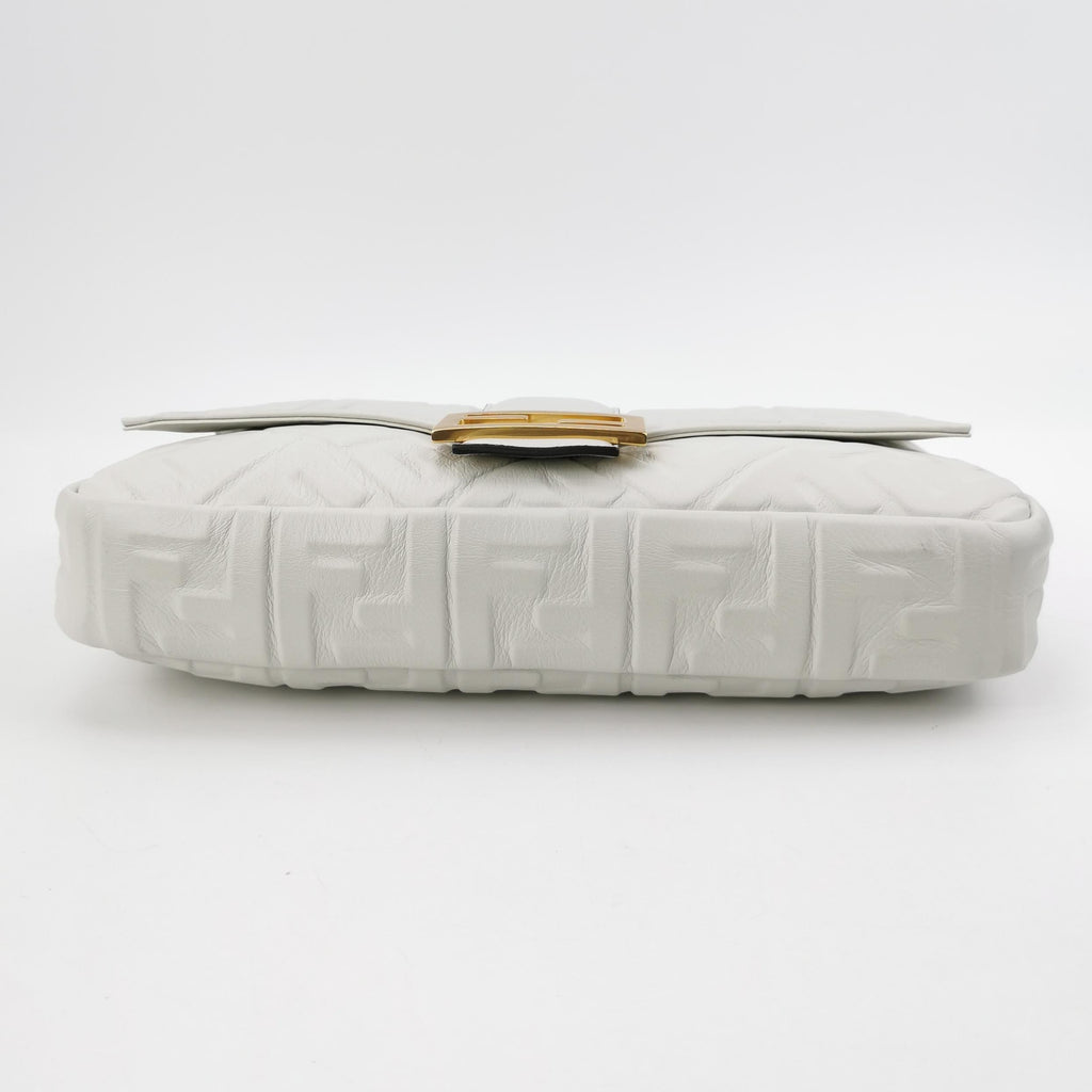 Fendi Baguette White Leather 3D FF Motif Crossbody Bag Large